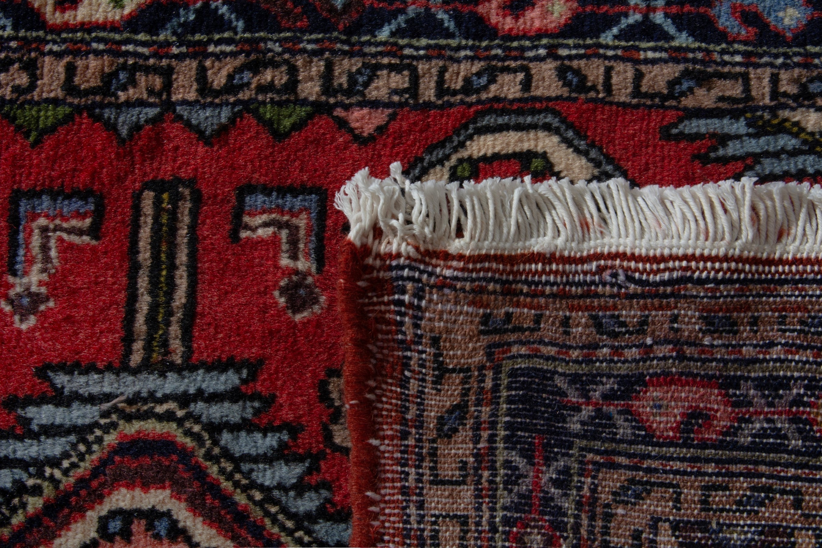 Persian Hamedan accent rug in deep red and navy, view 8 of 8