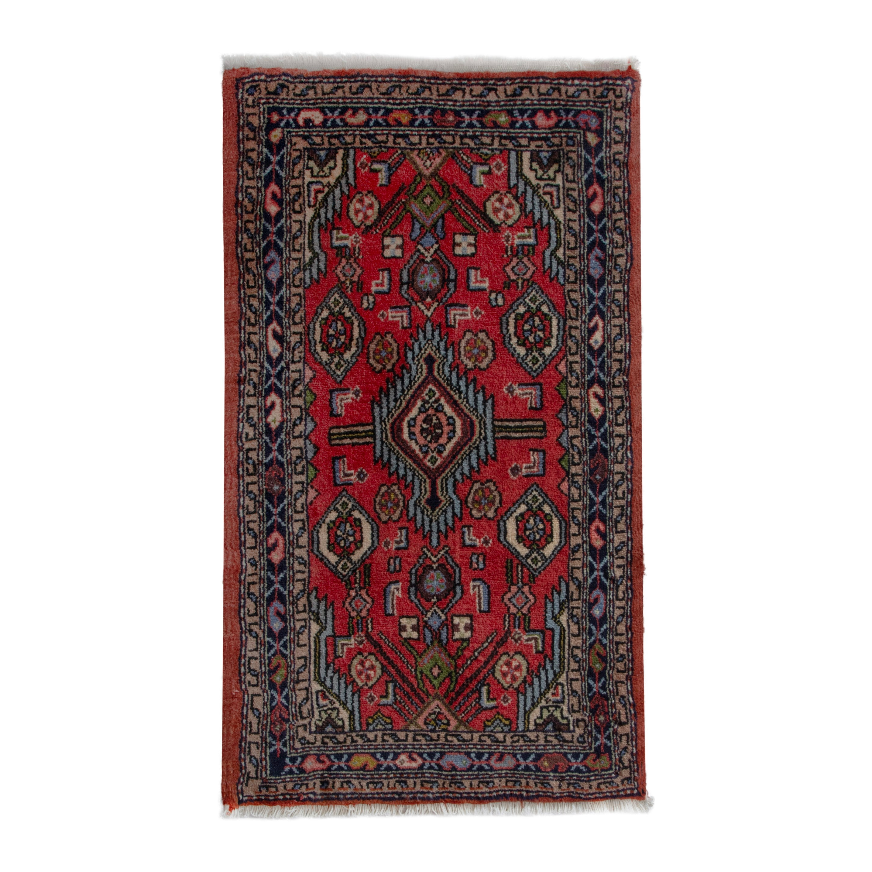 Persian Hamedan accent rug in deep red and navy, 1'10" x 3'1"