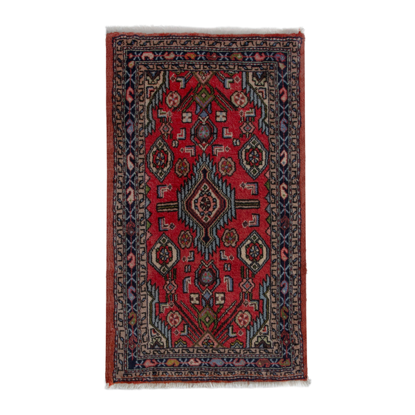 Persian Hamedan accent rug in deep red and navy, 1'10" x 3'1"