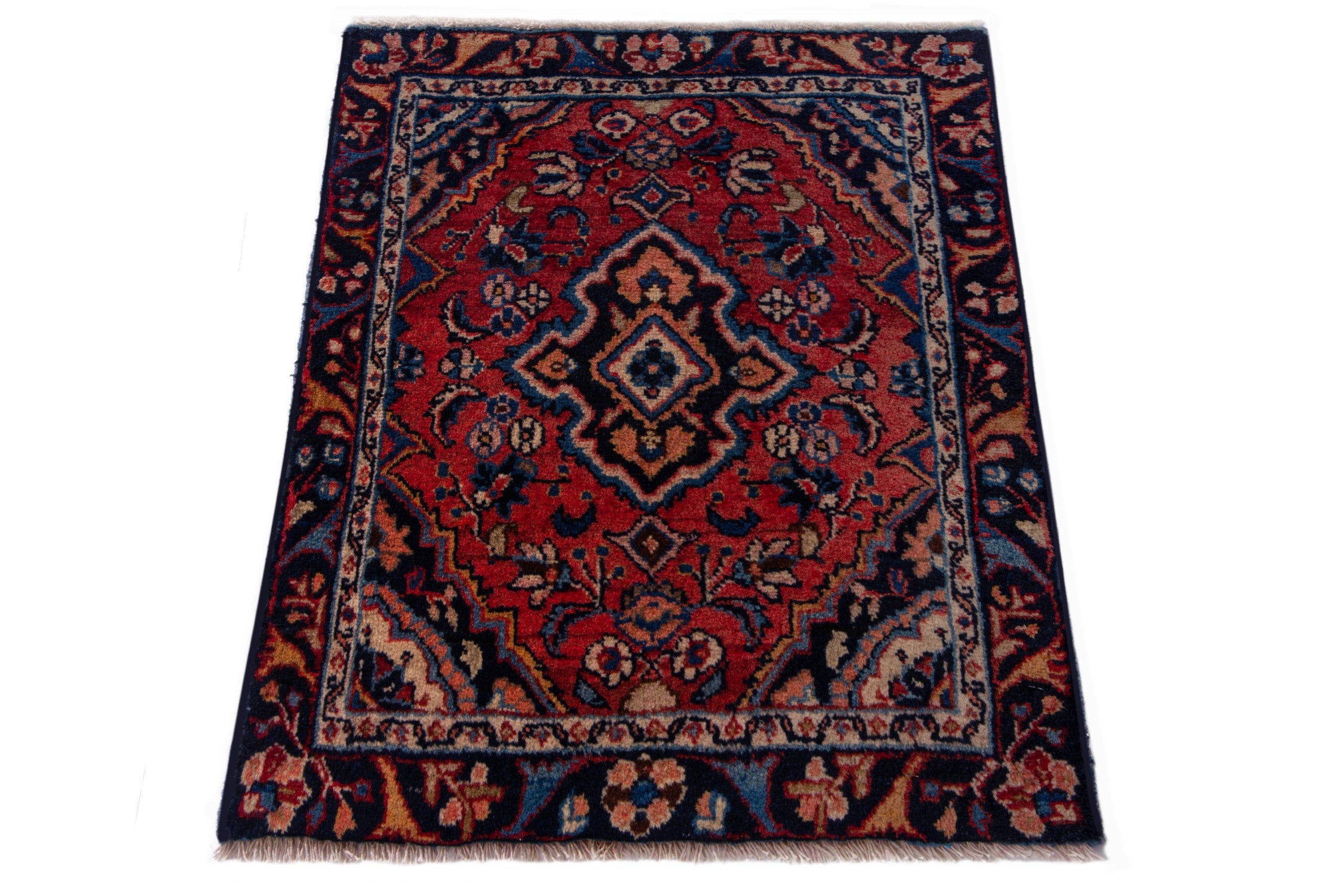 Persian Hamedan accent rug in deep red and navy, view 2 of 6