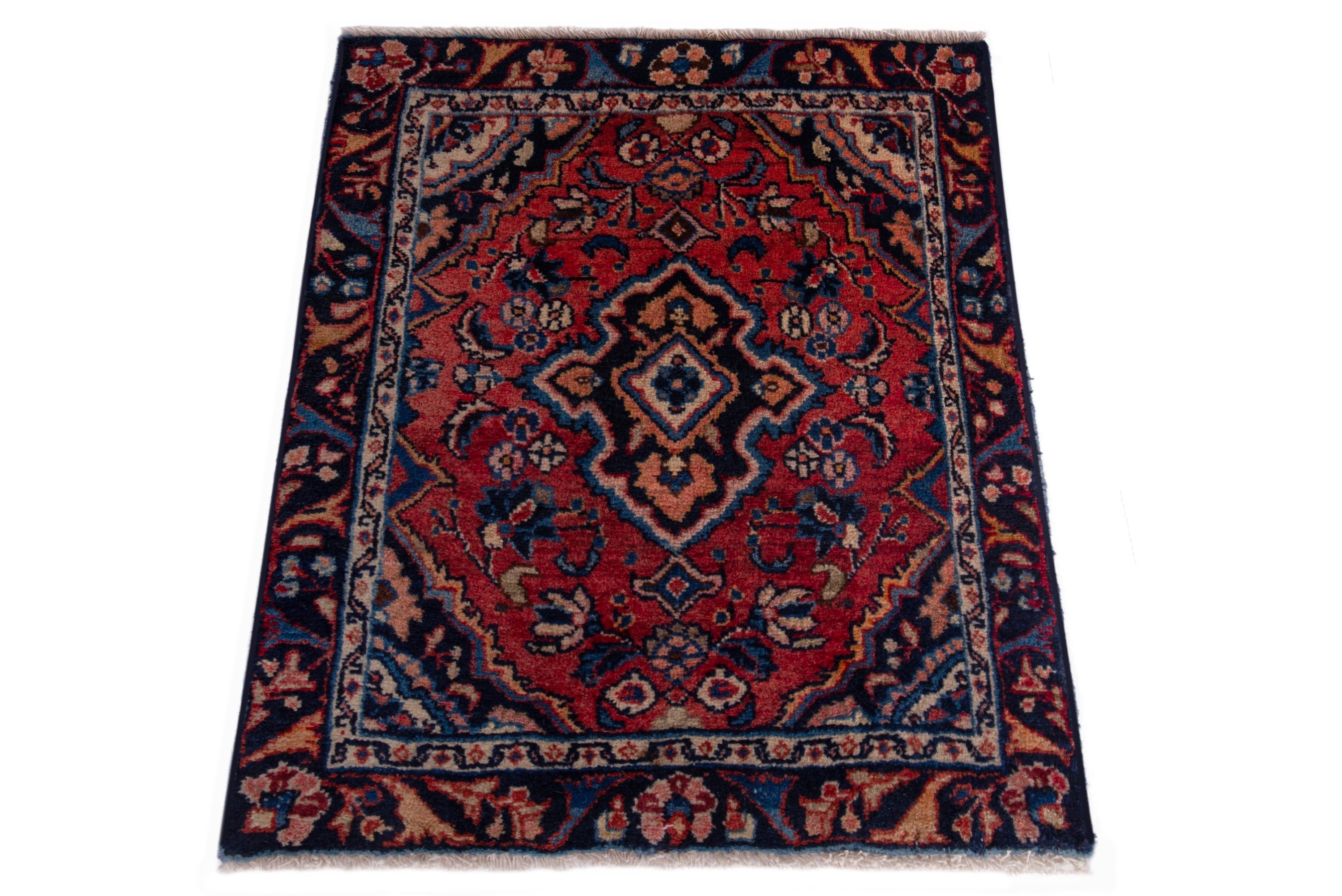 Persian Hamedan accent rug in deep red and navy, view 3 of 6