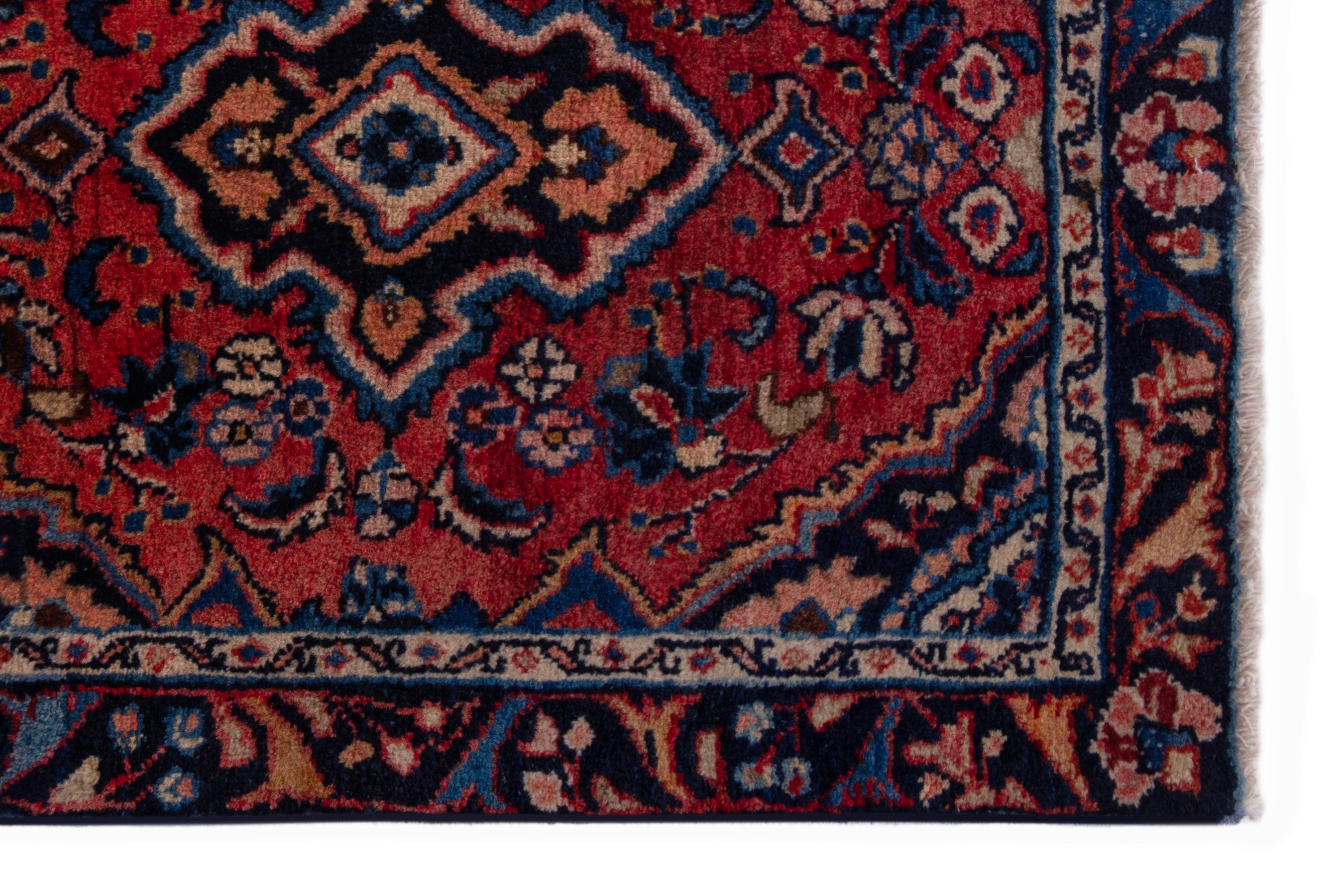 Persian Hamedan accent rug in deep red and navy, view 4 of 6