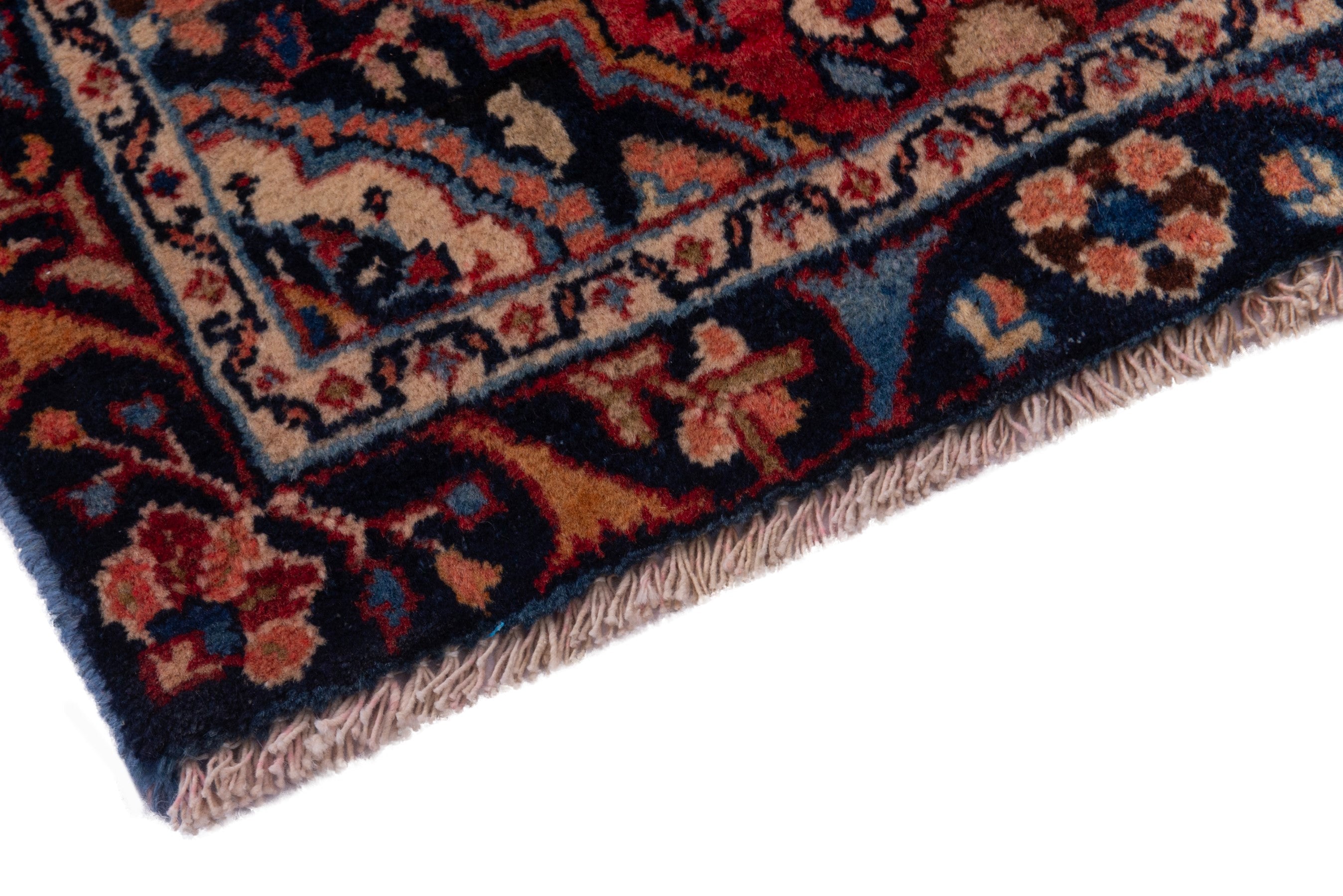 Persian Hamedan accent rug in deep red and navy, view 5 of 6