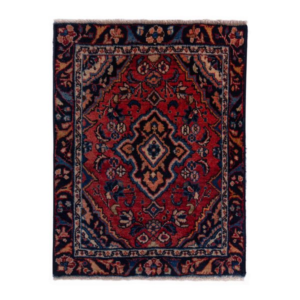 Persian Hamedan accent rug in deep red and navy, 2' x 2'7"