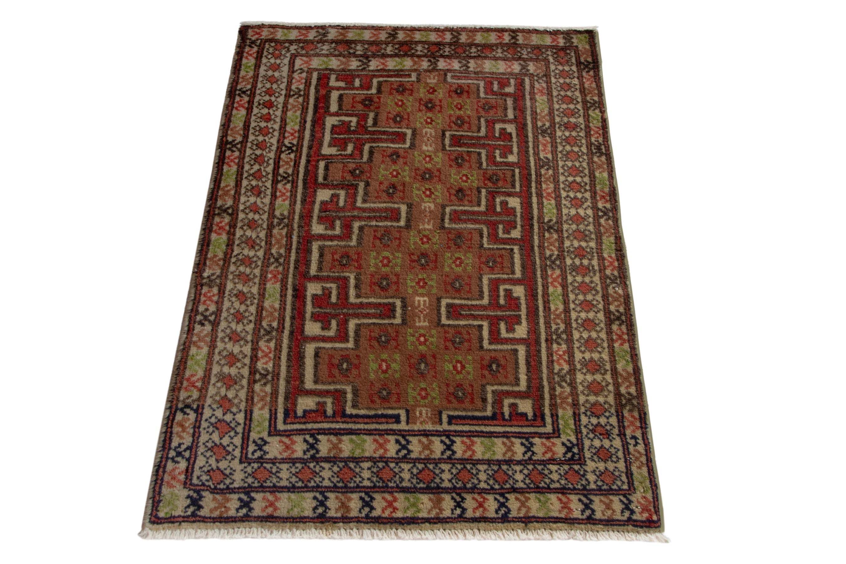 Persian Torkaman accent rug in tan and deep red, view 2 of 8