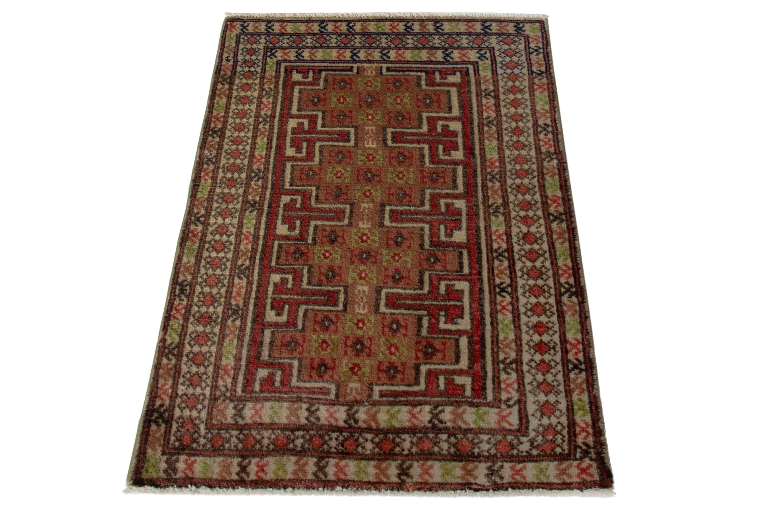 Persian Torkaman accent rug in tan and deep red, view 3 of 8