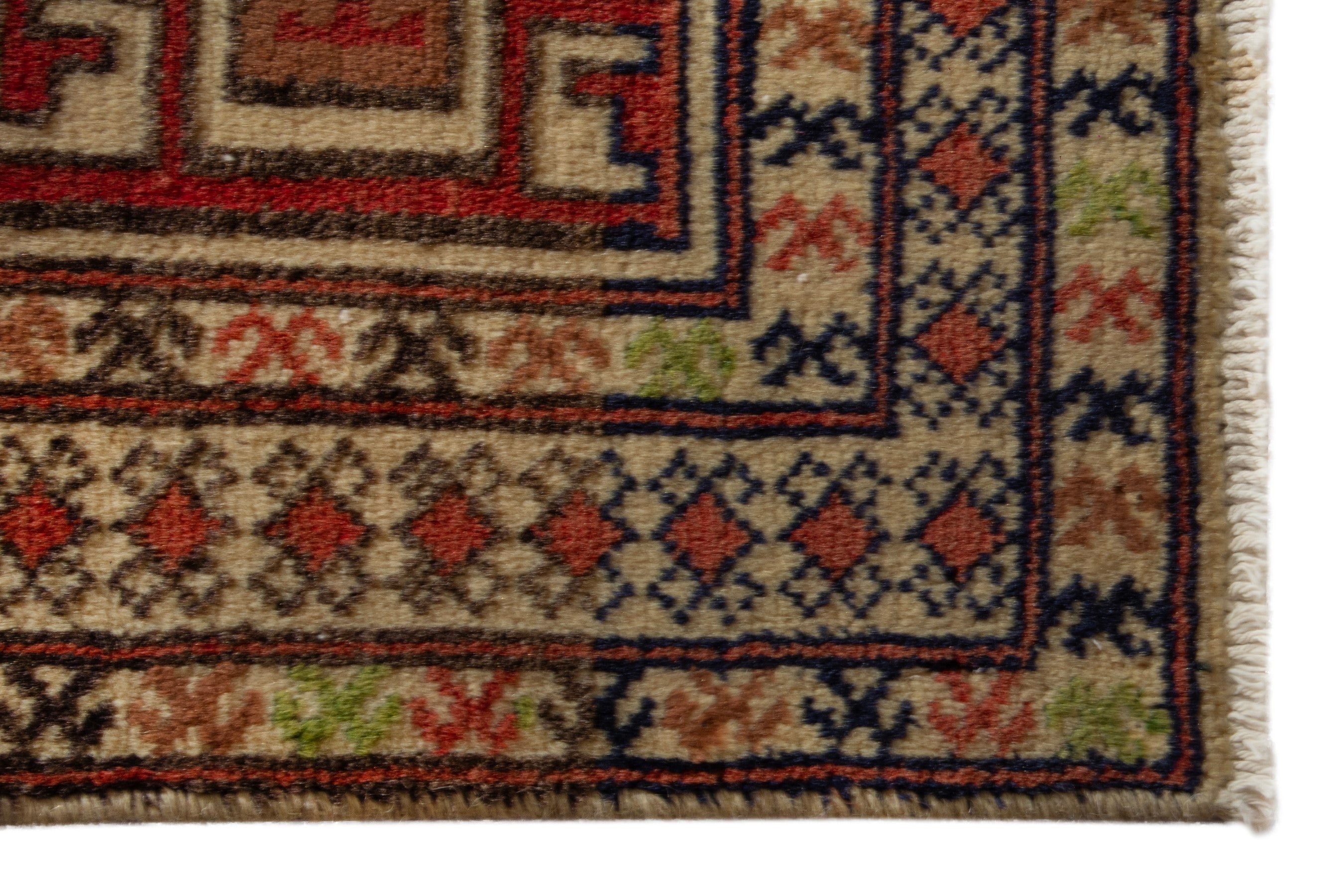 Persian Torkaman accent rug in tan and deep red, view 4 of 8
