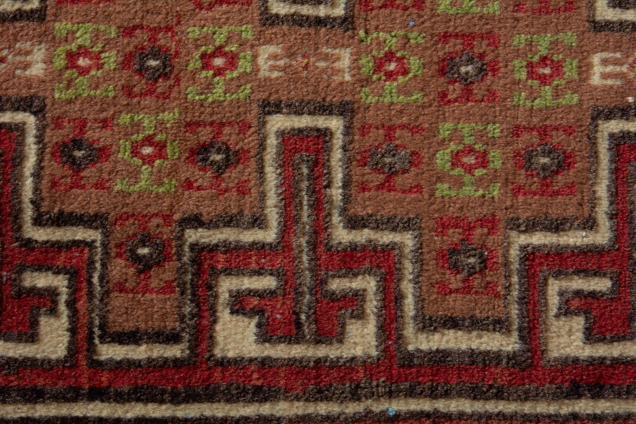 Persian Torkaman accent rug in tan and deep red, view 6 of 8