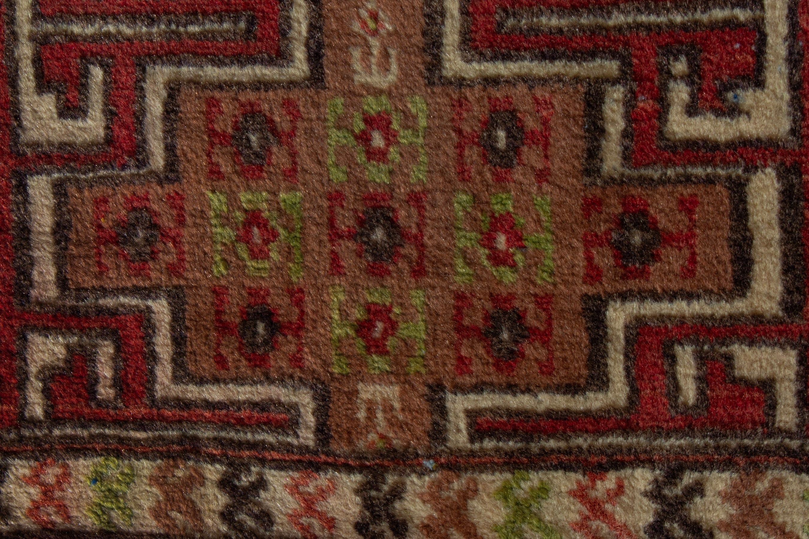 Persian Torkaman accent rug in tan and deep red, view 7 of 8