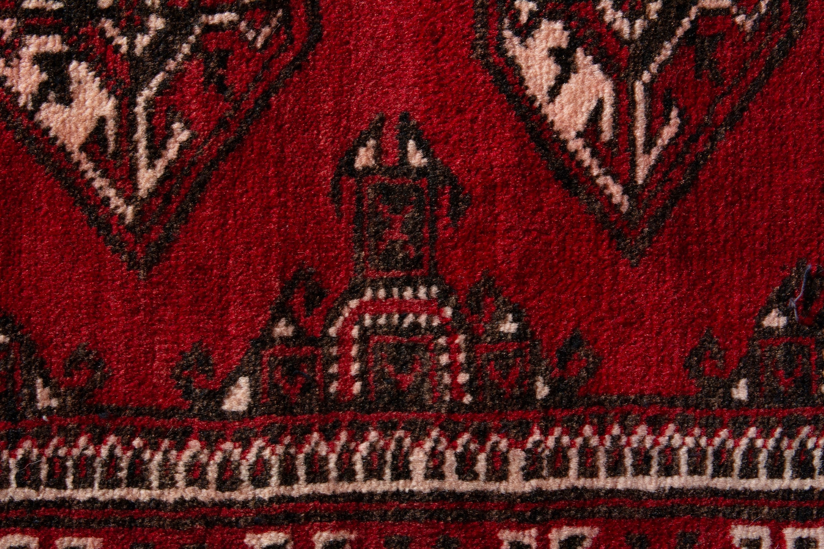 Persian Torkaman accent rug in deep red and cream, view 6 of 8