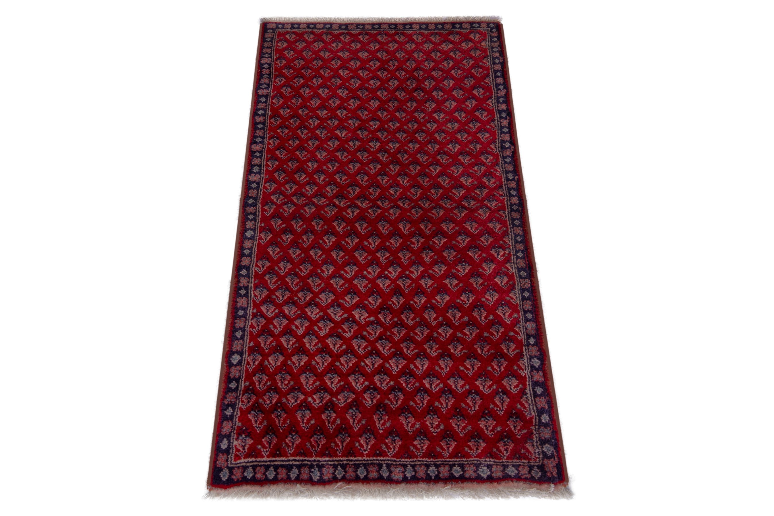 Persian Botteh accent rug in deep red and navy, view 2 of 7