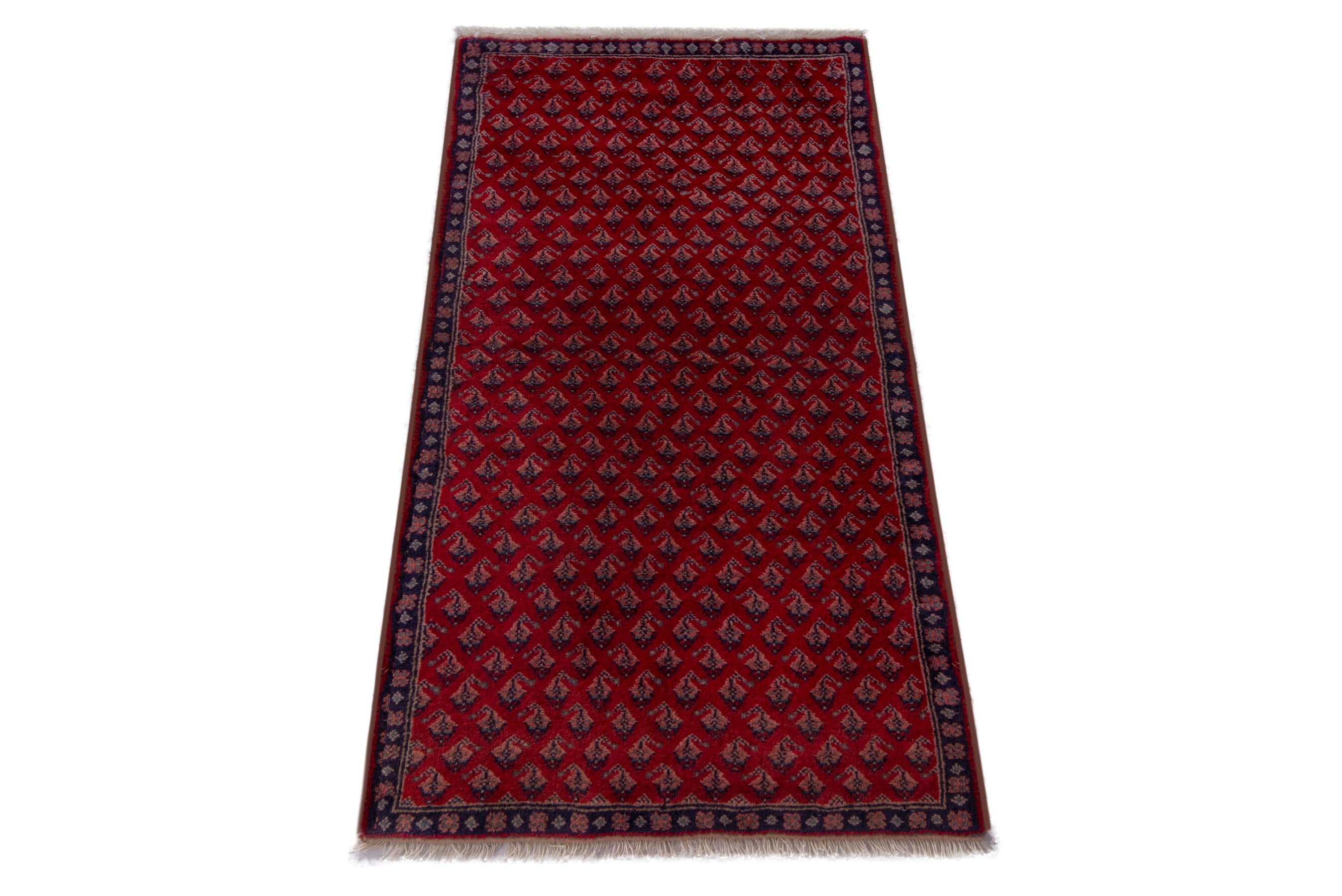 Persian Botteh accent rug in deep red and navy, view 3 of 7