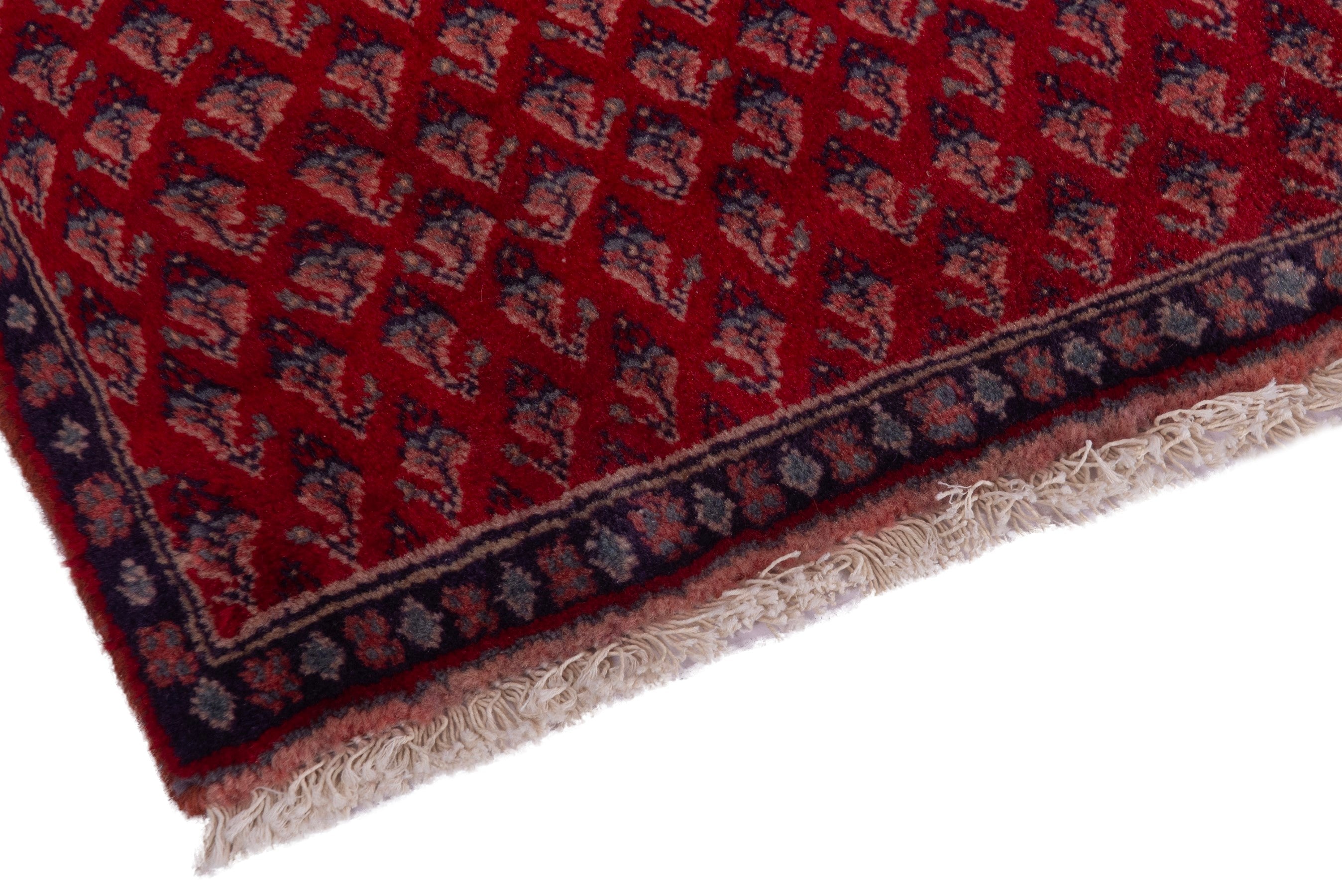 Persian Botteh accent rug in deep red and navy, view 5 of 7