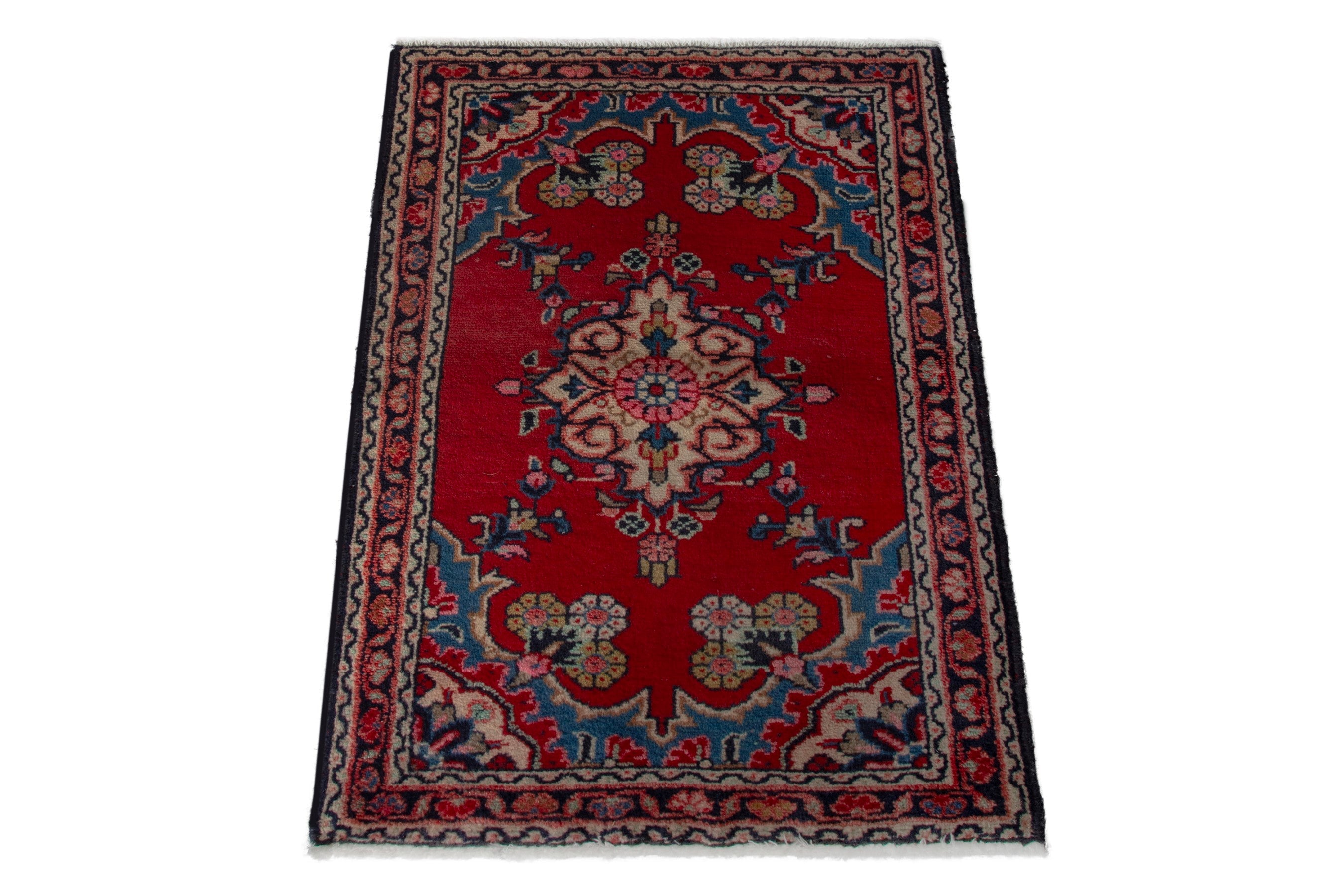 Persian Hamedan accent rug in deep red and dusty rose, view 2 of 8