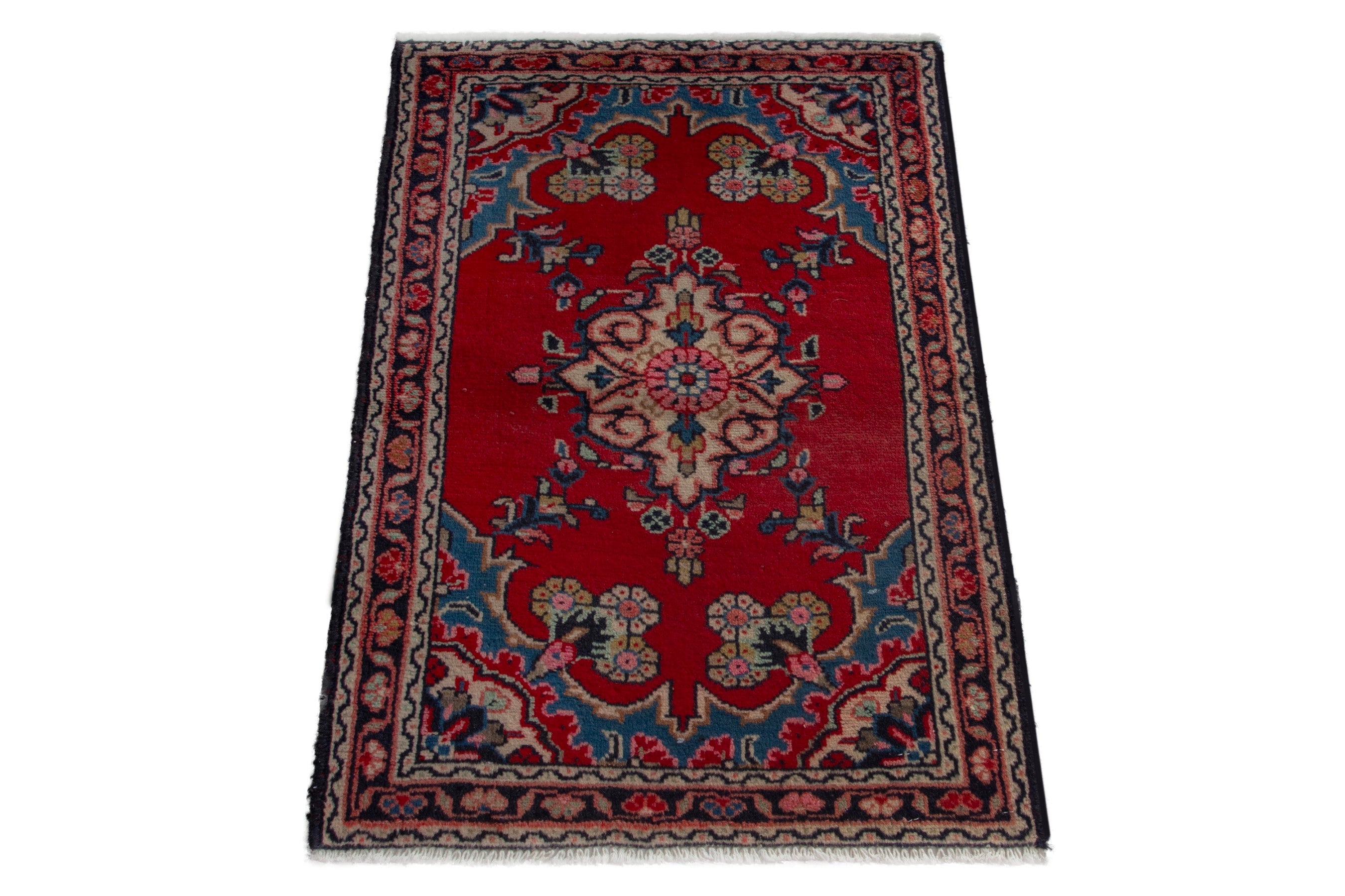 Persian Hamedan accent rug in deep red and dusty rose, view 3 of 8