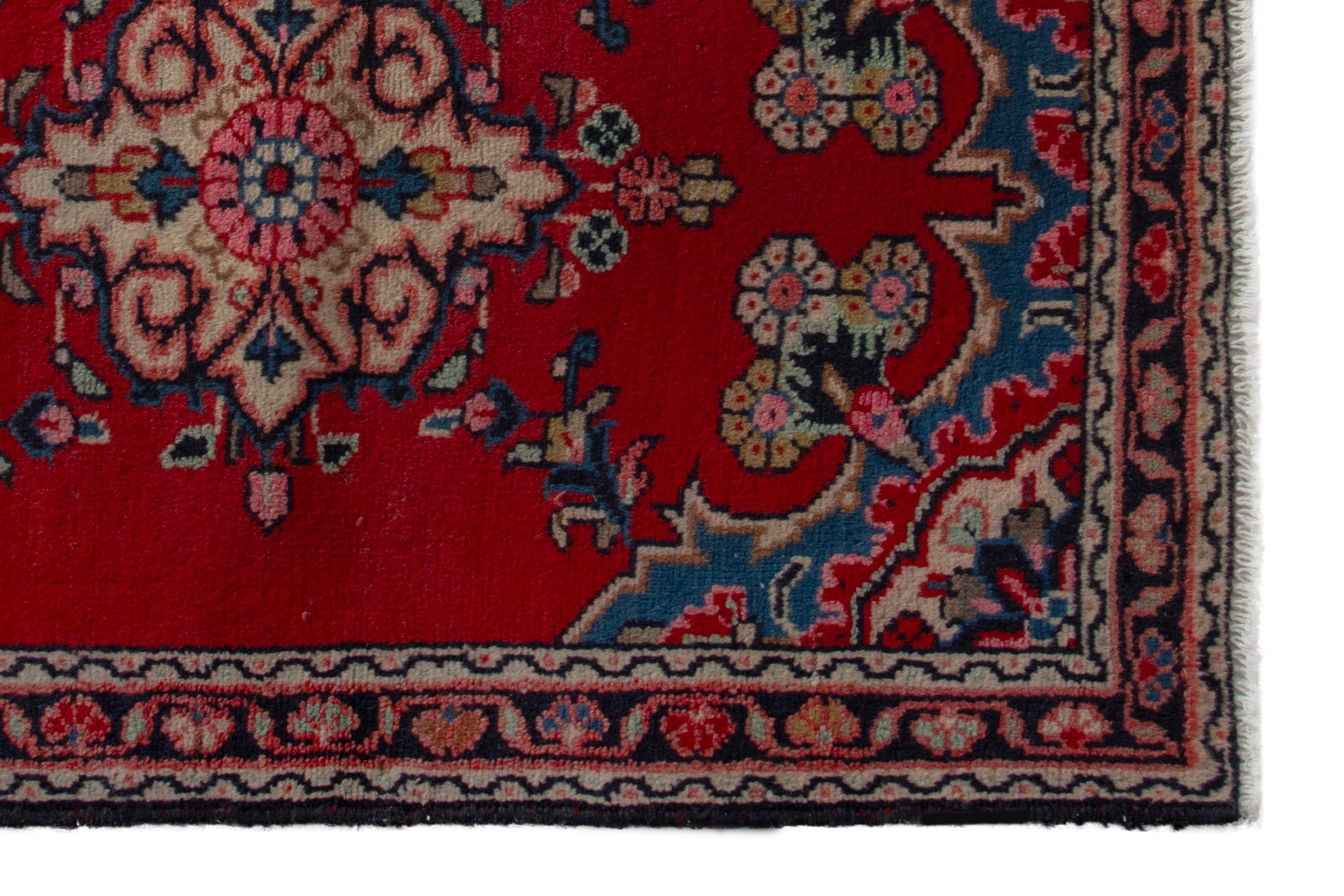Persian Hamedan accent rug in deep red and dusty rose, view 4 of 8
