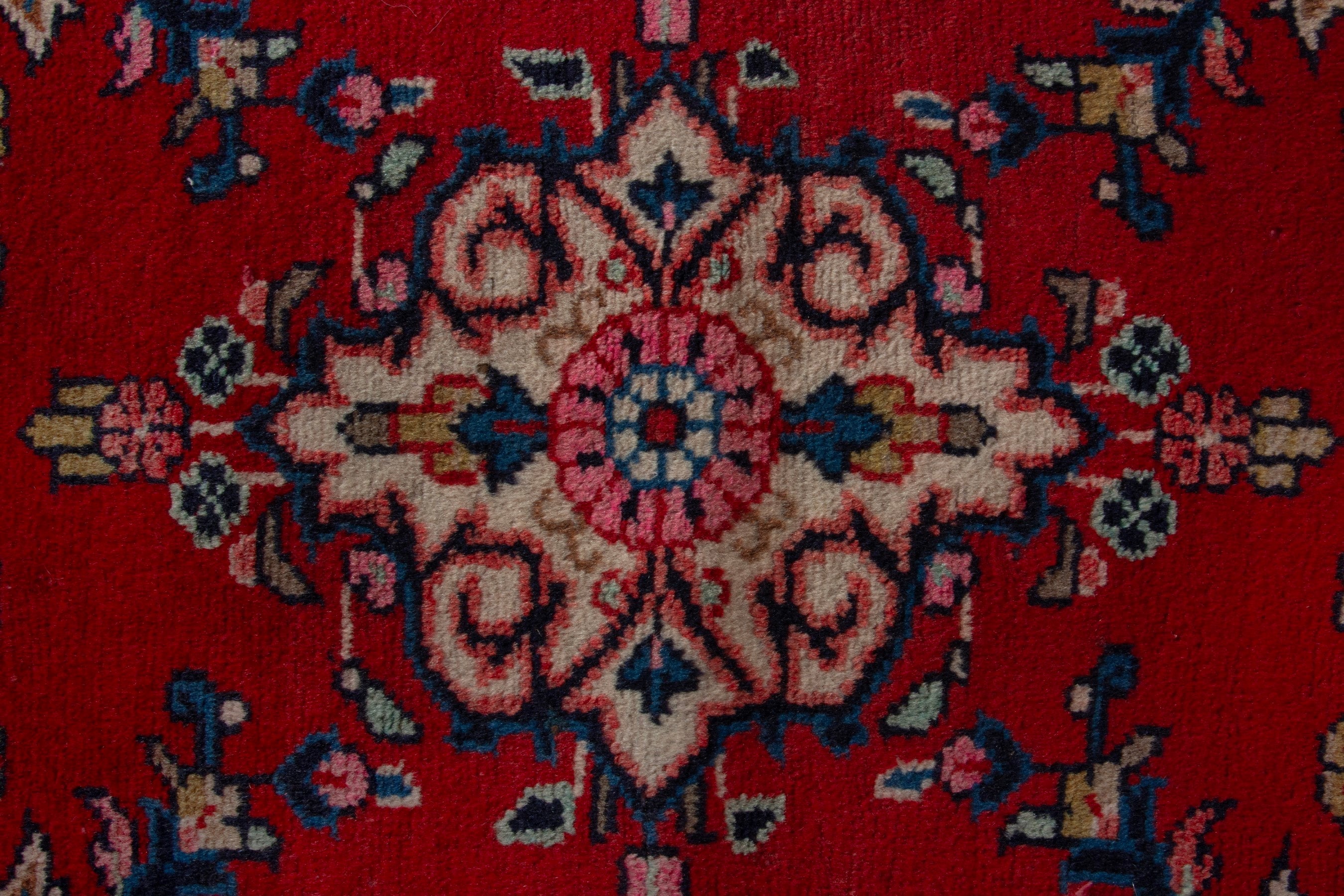 Persian Hamedan accent rug in deep red and dusty rose, view 7 of 8