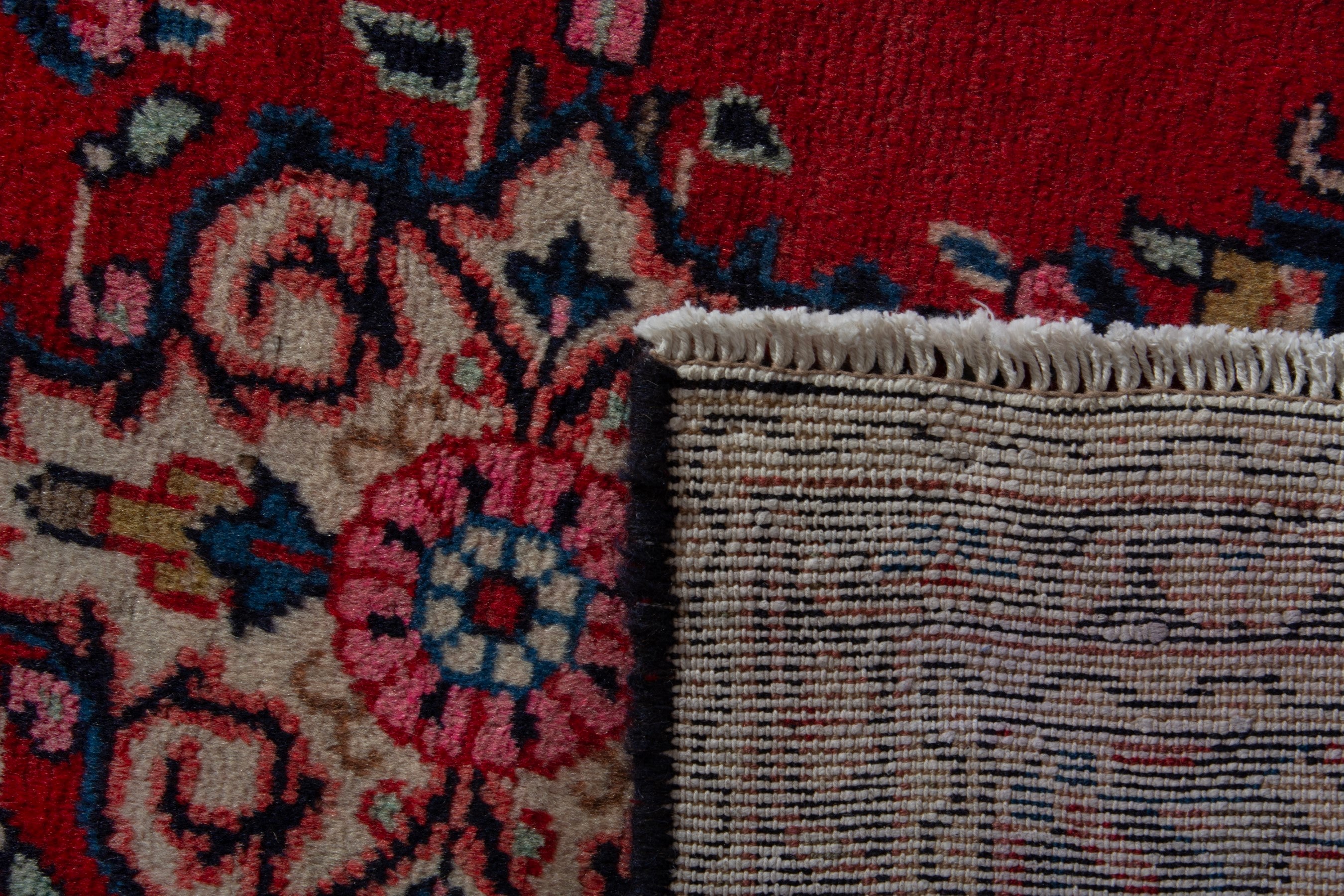 Persian Hamedan accent rug in deep red and dusty rose, view 8 of 8
