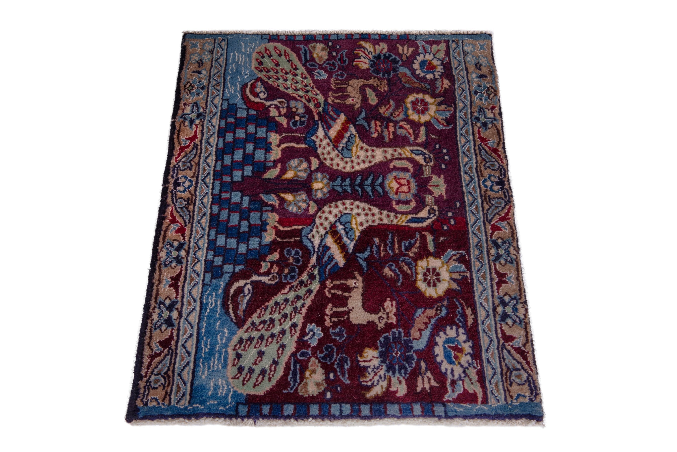 Persian Nain accent rug in burgundy and denim, view 2 of 6