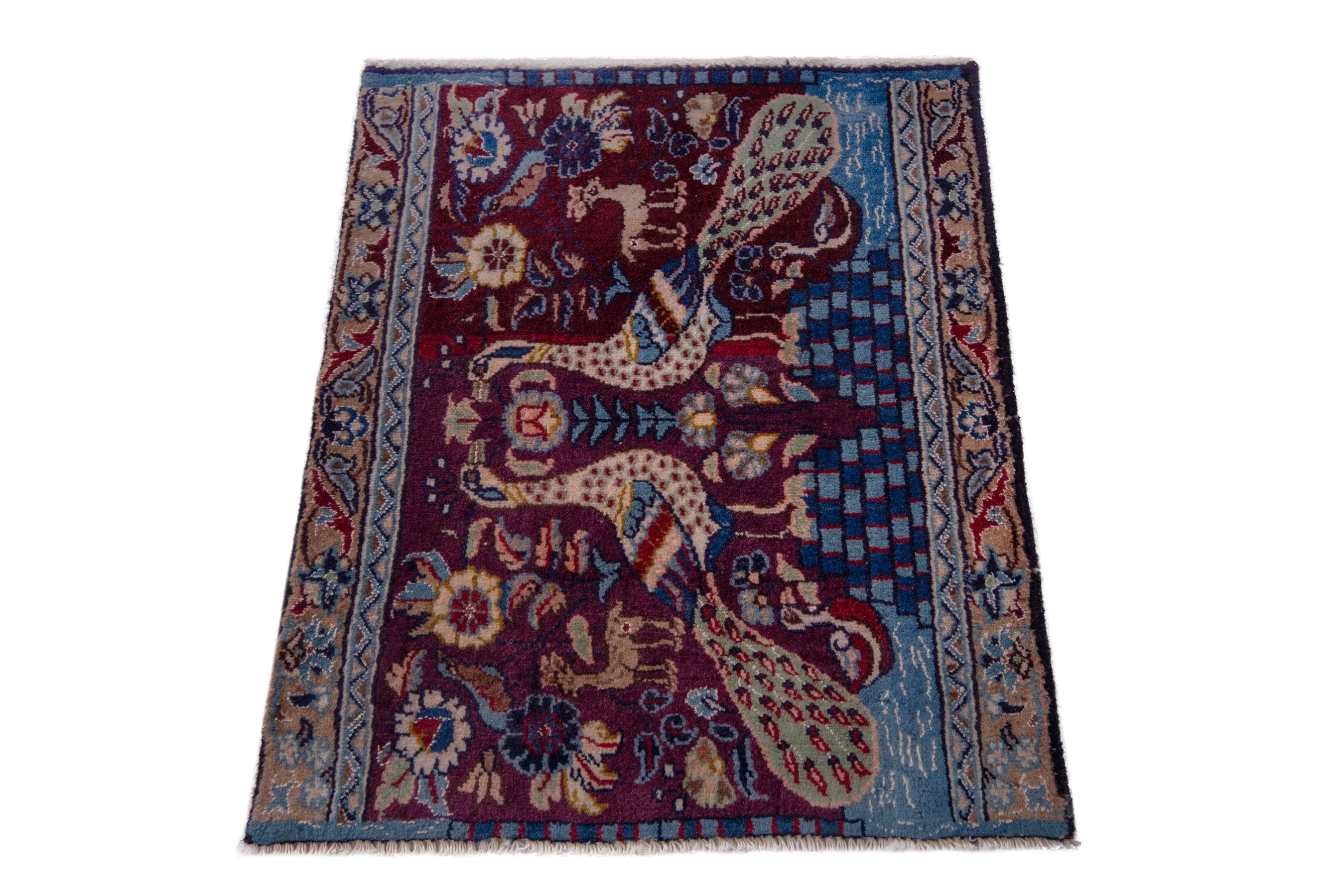 Persian Nain accent rug in burgundy and denim, view 3 of 6