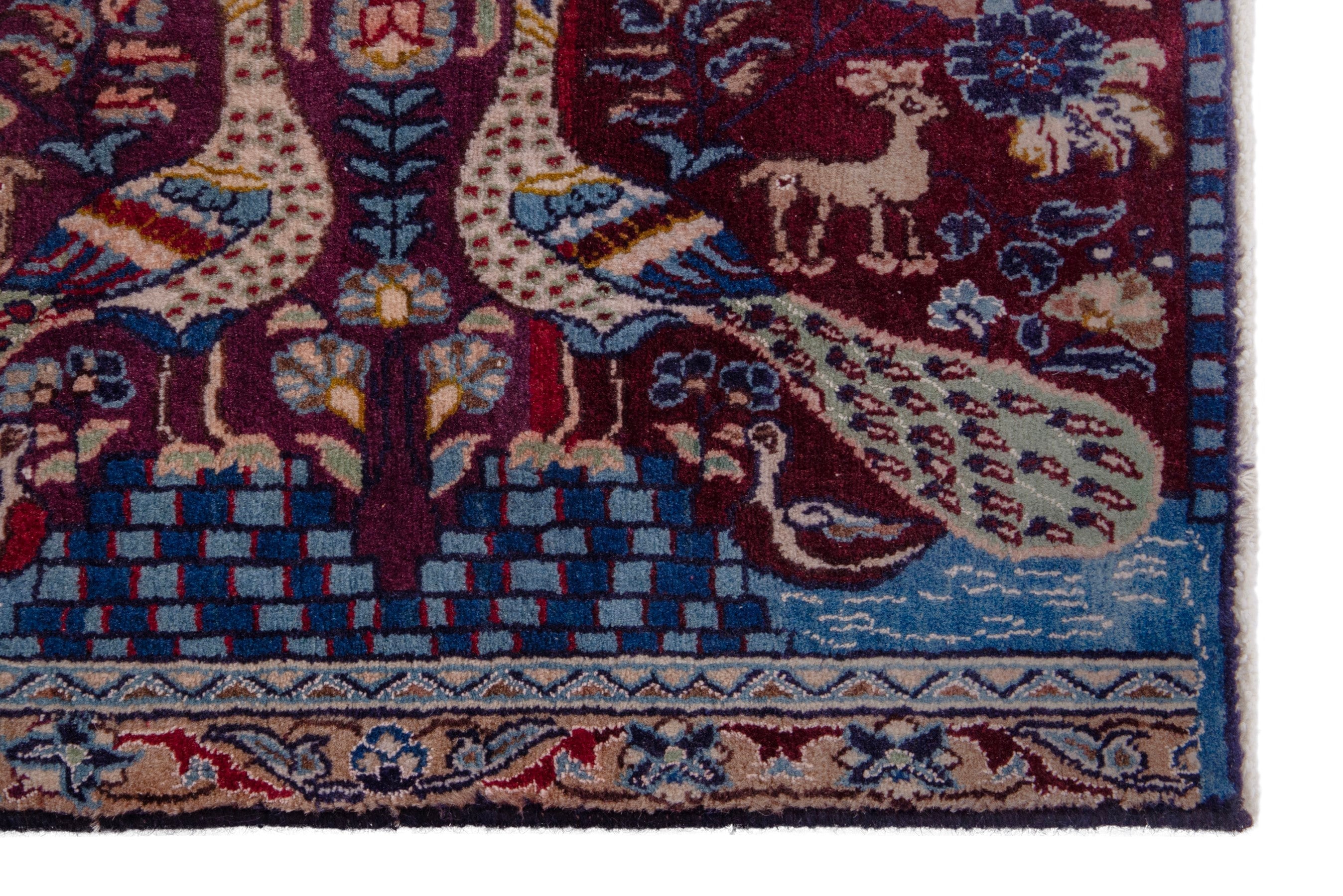 Persian Nain accent rug in burgundy and denim, view 4 of 6