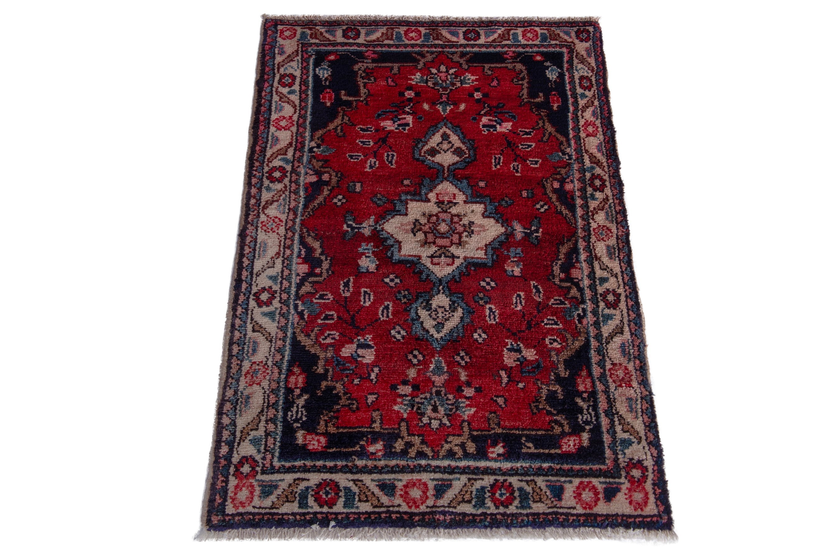 Persian Hamedan accent rug in deep red and burgundy, view 2 of 7