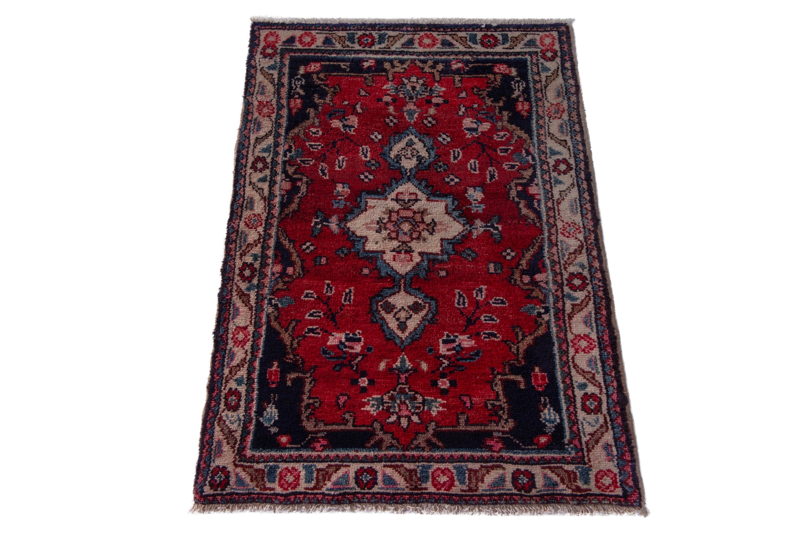 Persian Hamedan accent rug in deep red and burgundy, view 3 of 7