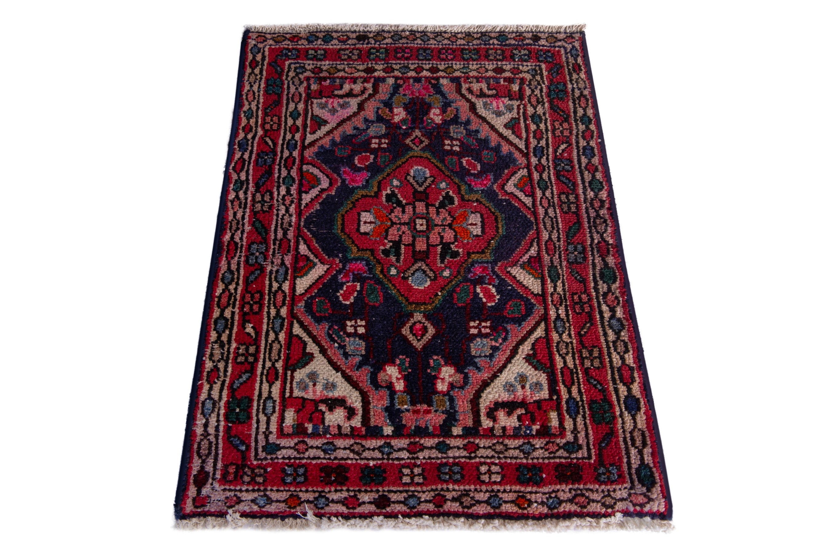 Persian Hamedan accent rug in navy and deep red, view 2 of 7