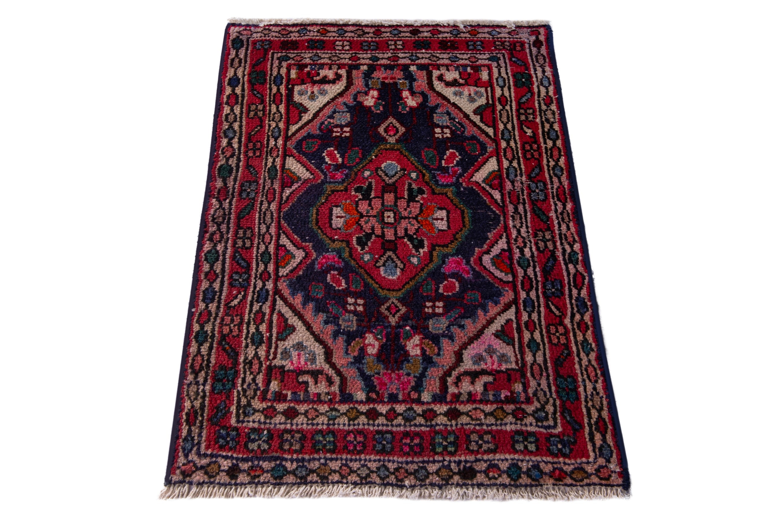 Persian Hamedan accent rug in navy and deep red, view 3 of 7