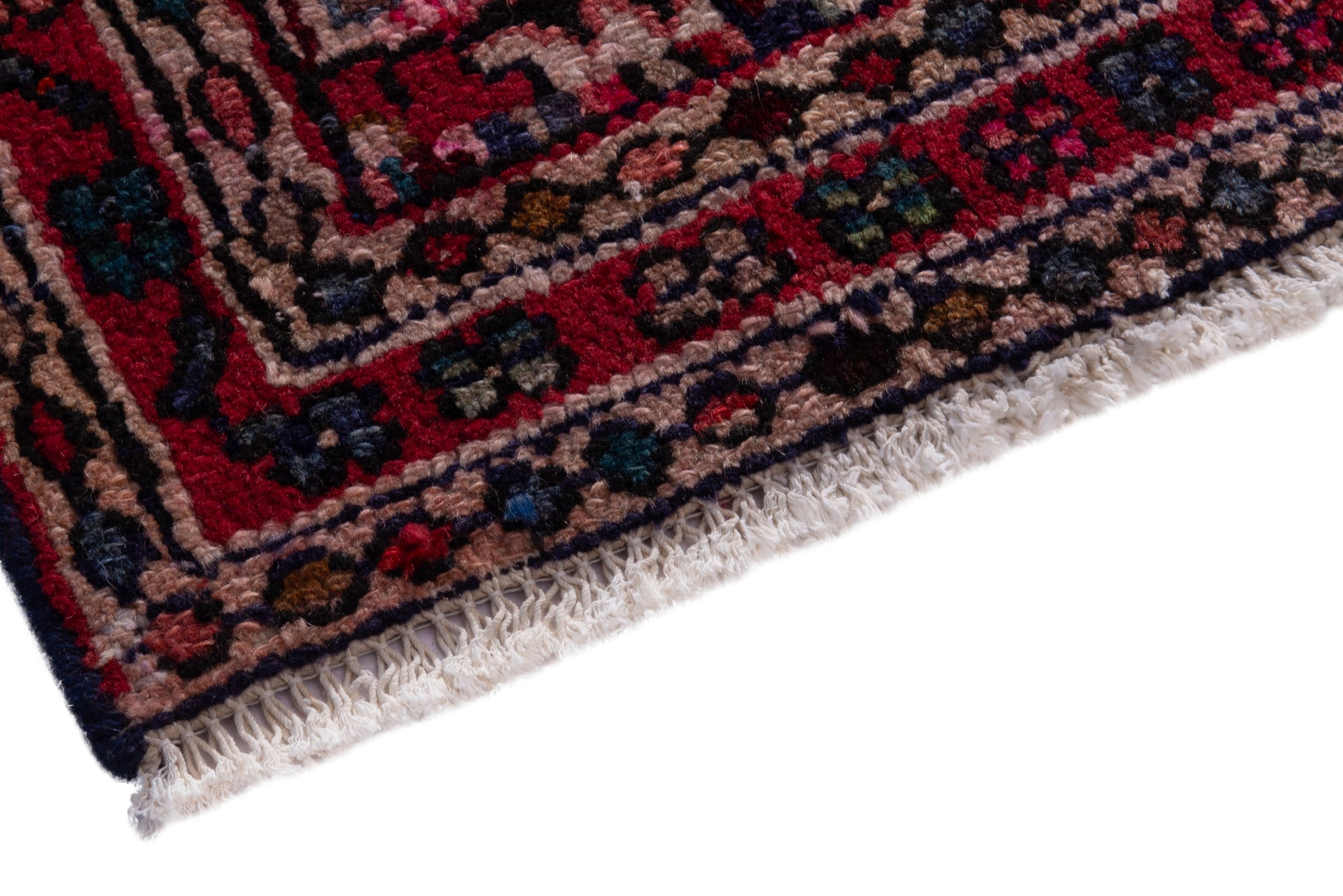 Persian Hamedan accent rug in navy and deep red, view 5 of 7