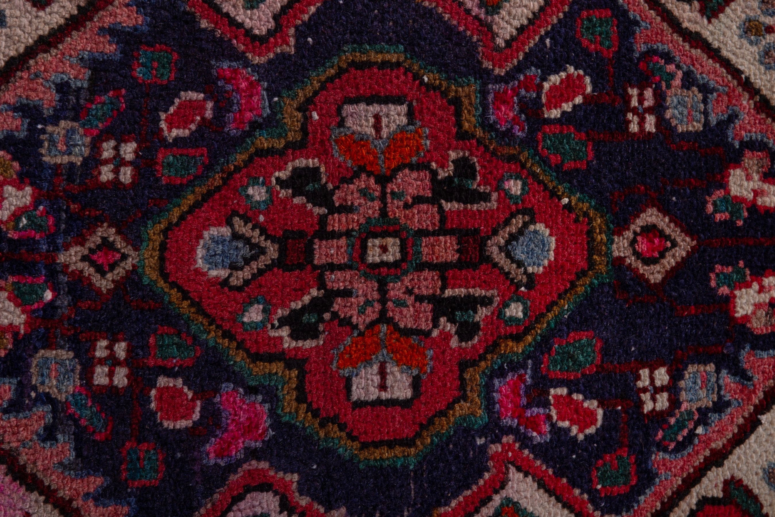Persian Hamedan accent rug in navy and deep red, view 6 of 7