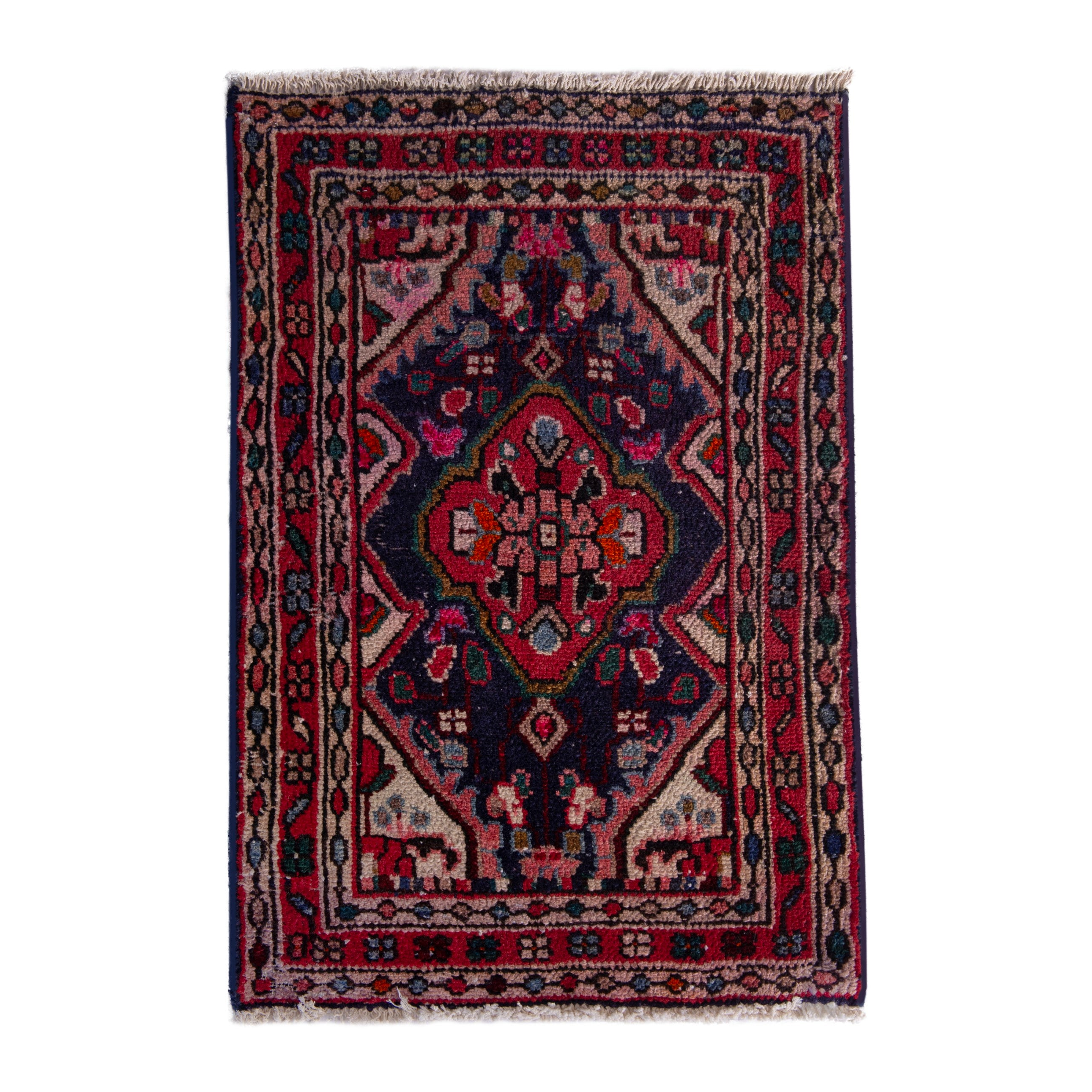 Persian Hamedan accent rug in navy and deep red, 2' x 3'