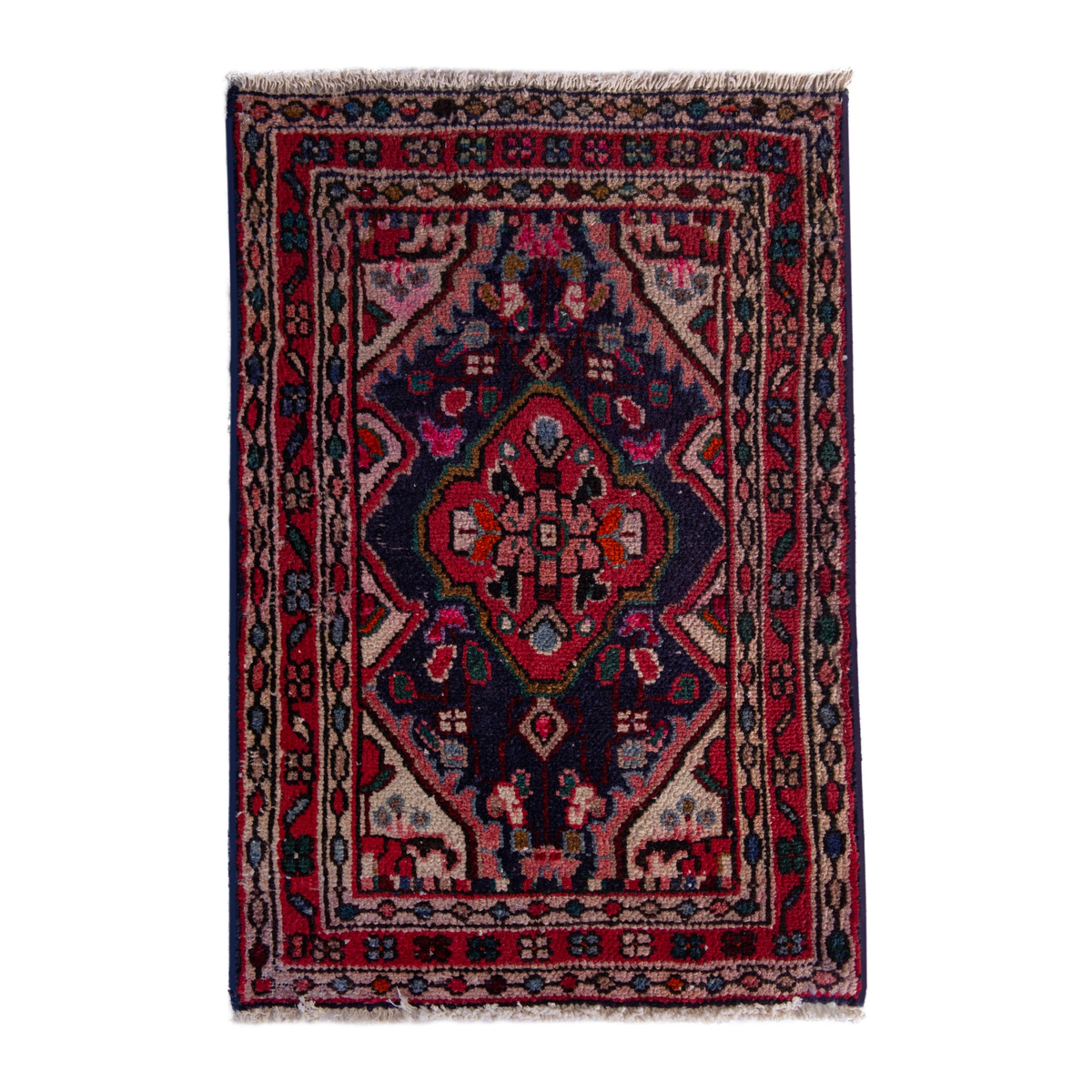 Persian Hamedan accent rug in navy and deep red, 2' x 3'