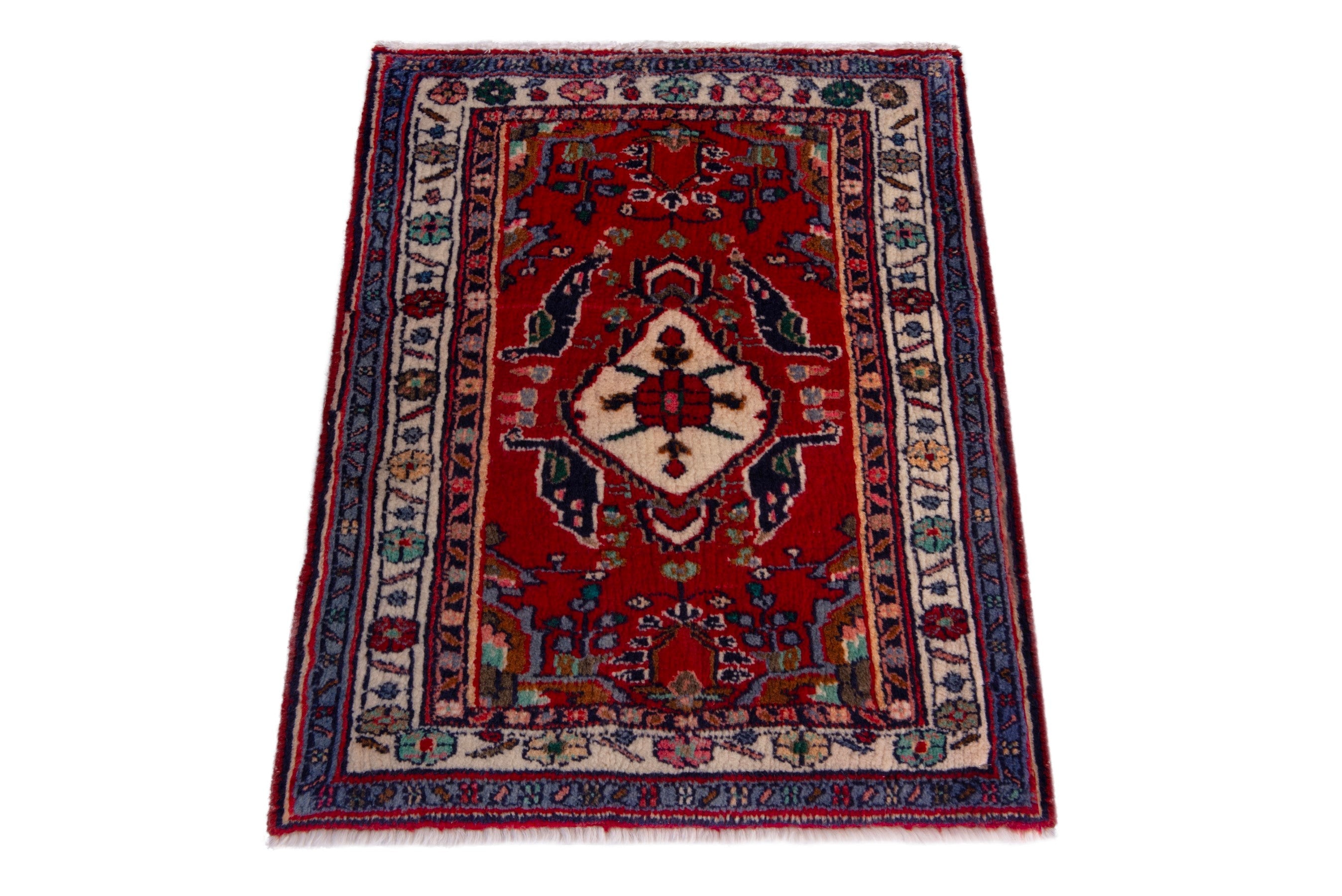 Persian Bijar accent rug in deep red and cream, view 2 of 7