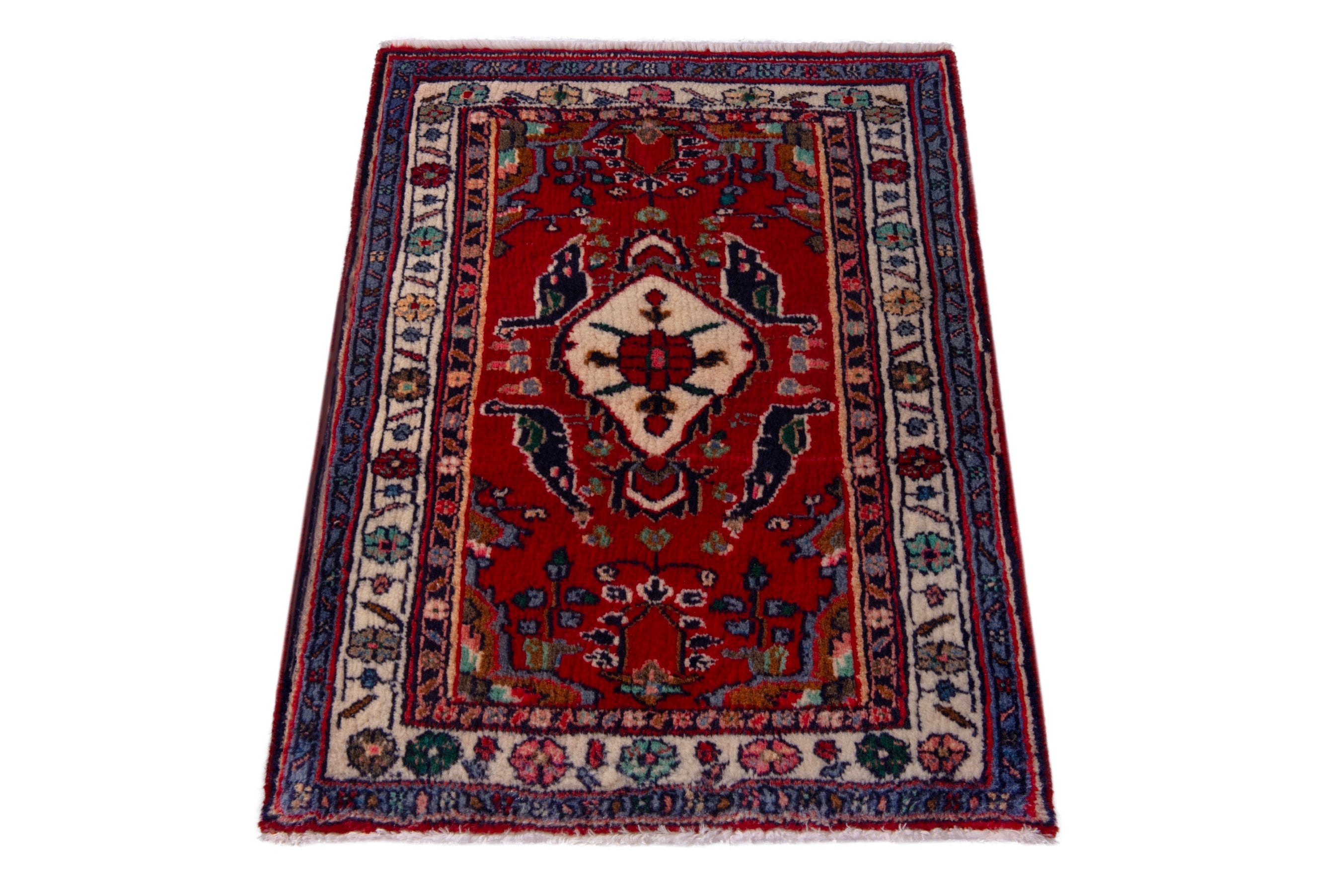 Persian Bijar accent rug in deep red and cream, view 3 of 7