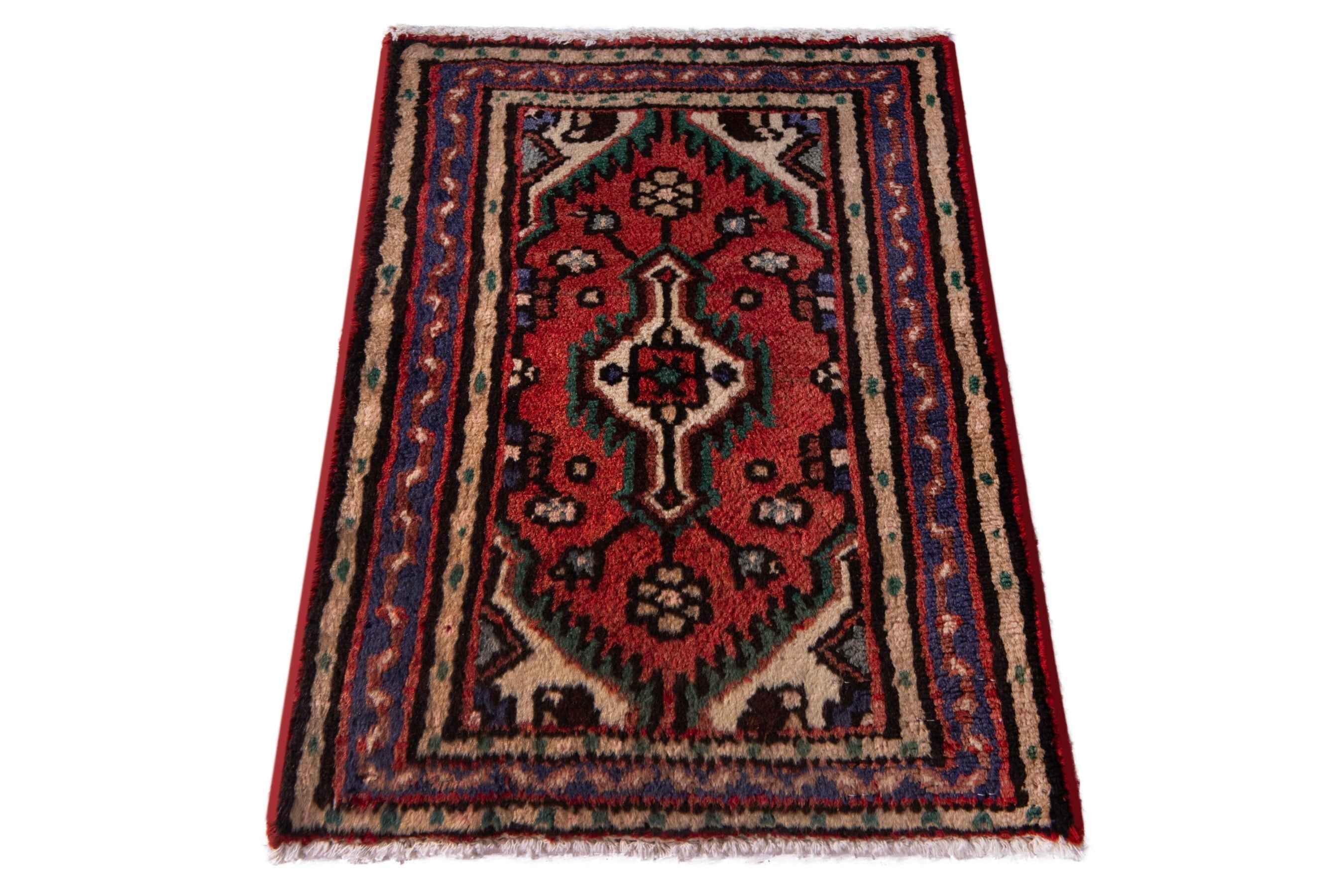 Persian Hamedan accent rug in deep red and dark blue, view 2 of 7