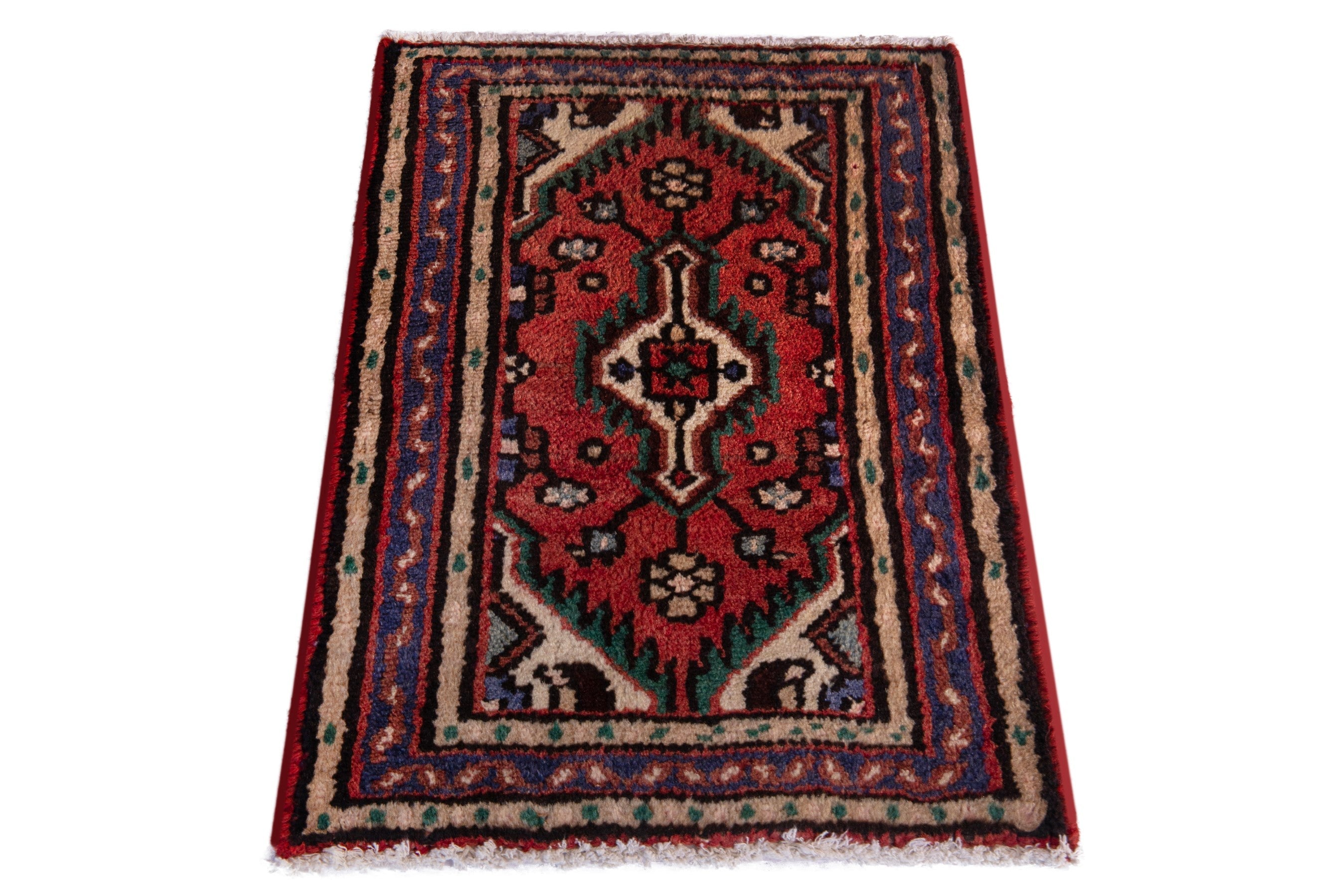 Persian Hamedan accent rug in deep red and dark blue, view 3 of 7