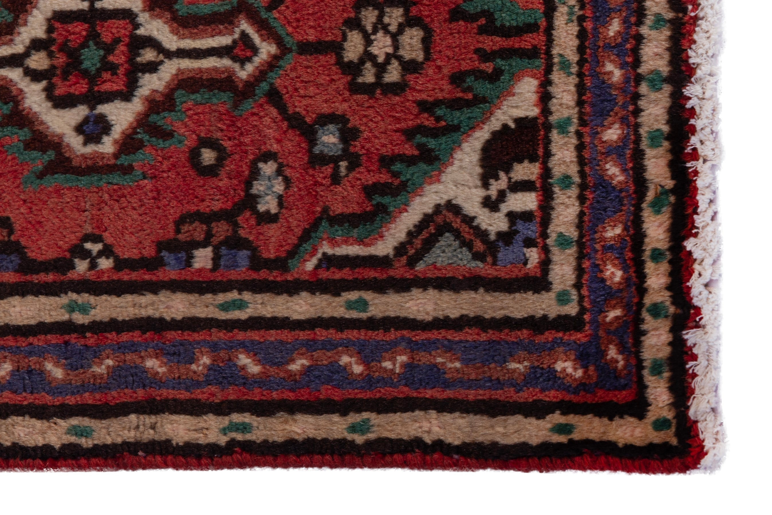 Persian Hamedan accent rug in deep red and dark blue, view 4 of 7