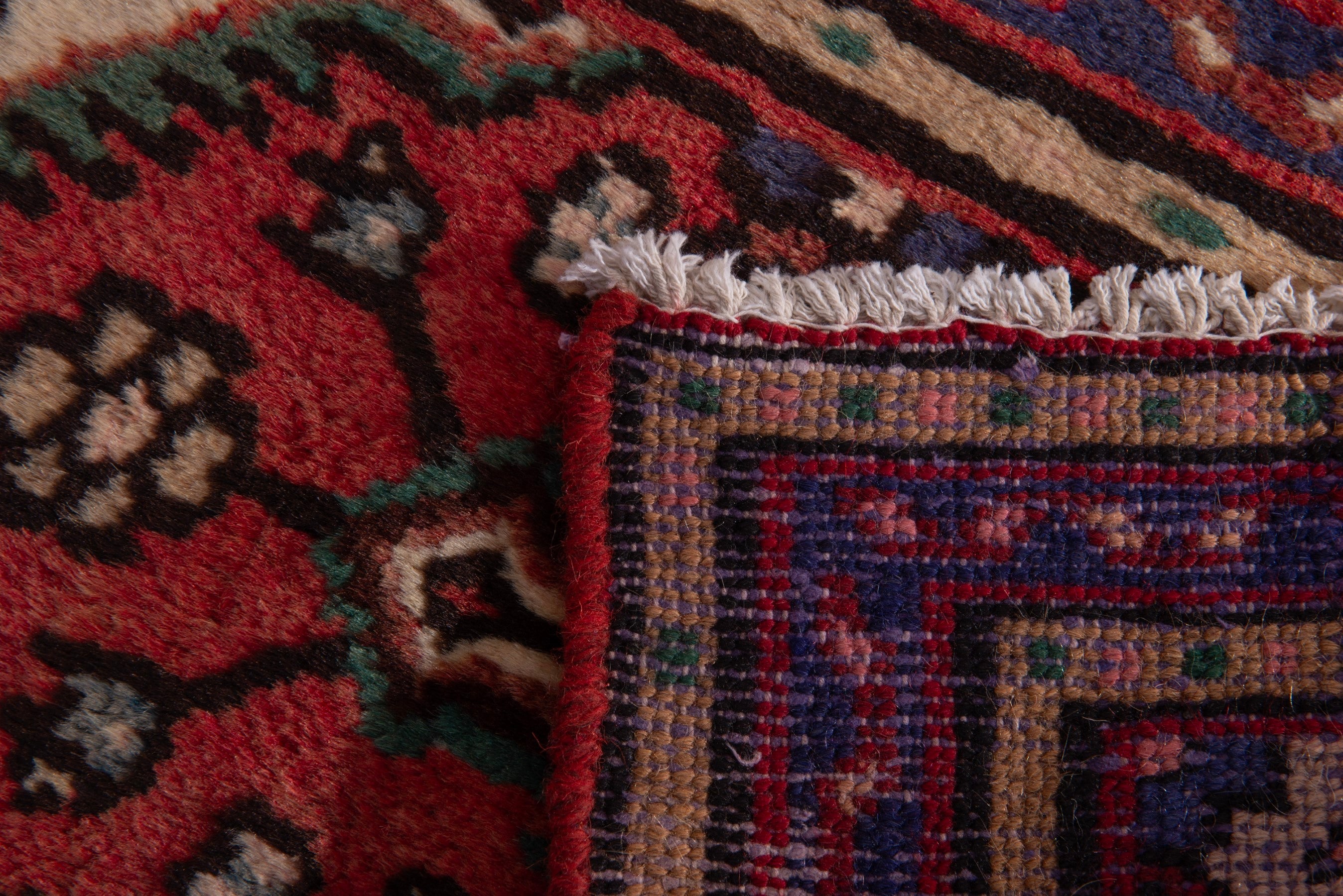 Persian Hamedan accent rug in deep red and dark blue, view 7 of 7