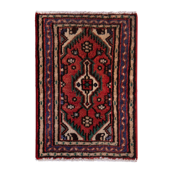Persian Hamedan accent rug in deep red and dark blue, 1'8" x 2'4"