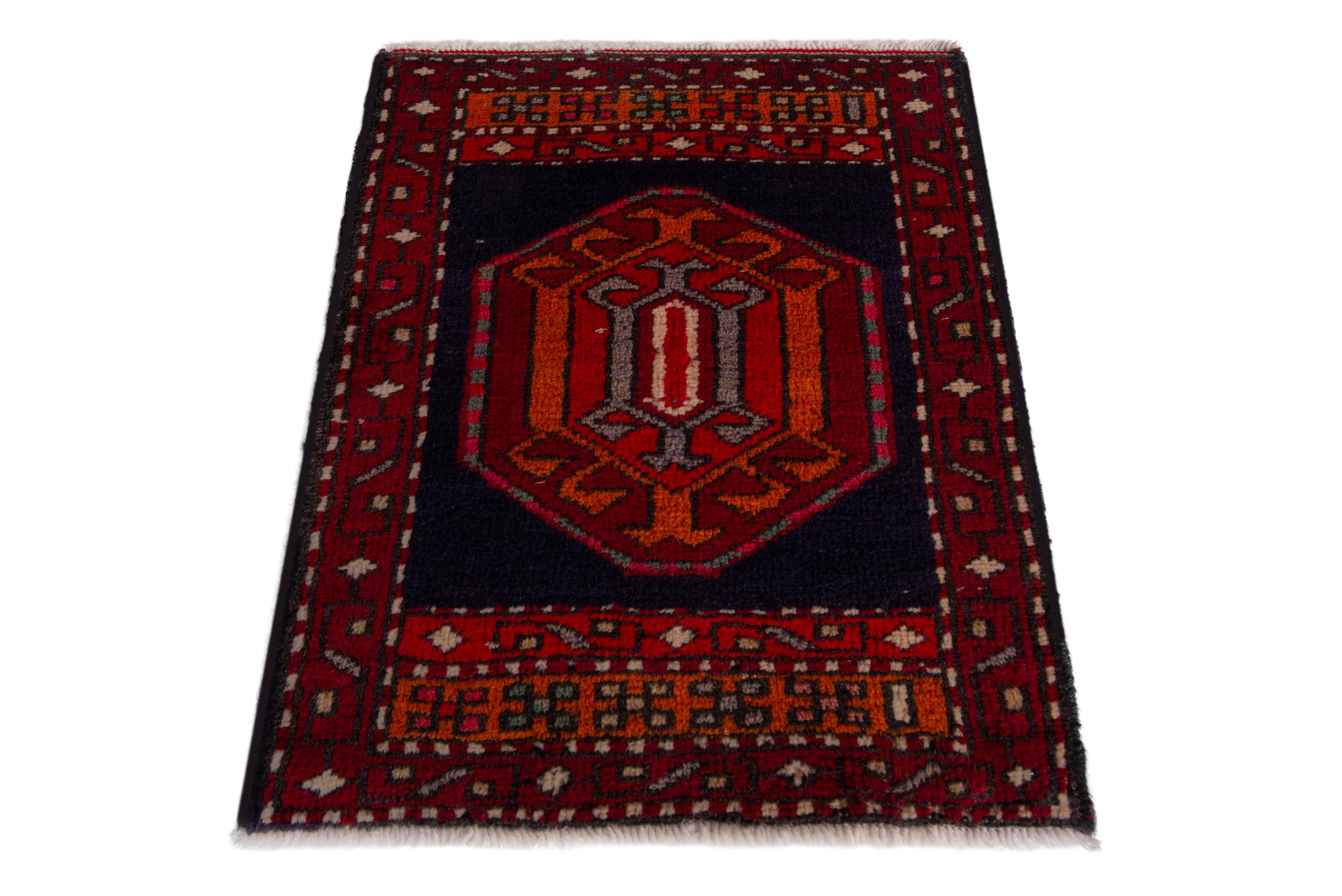 Persian Ardabil accent rug in navy and burgundy, view 2 of 7