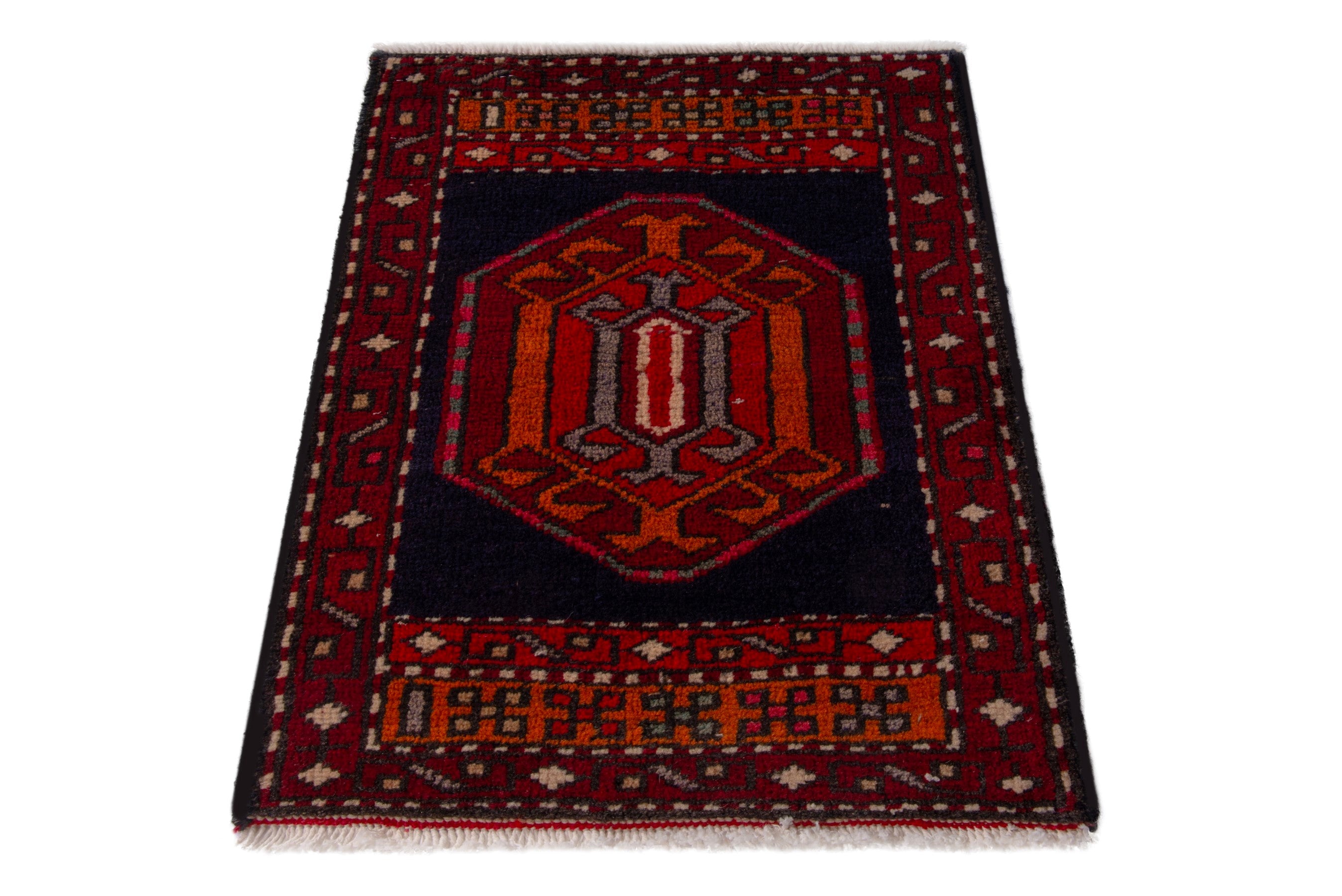 Persian Ardabil accent rug in navy and burgundy, view 3 of 7