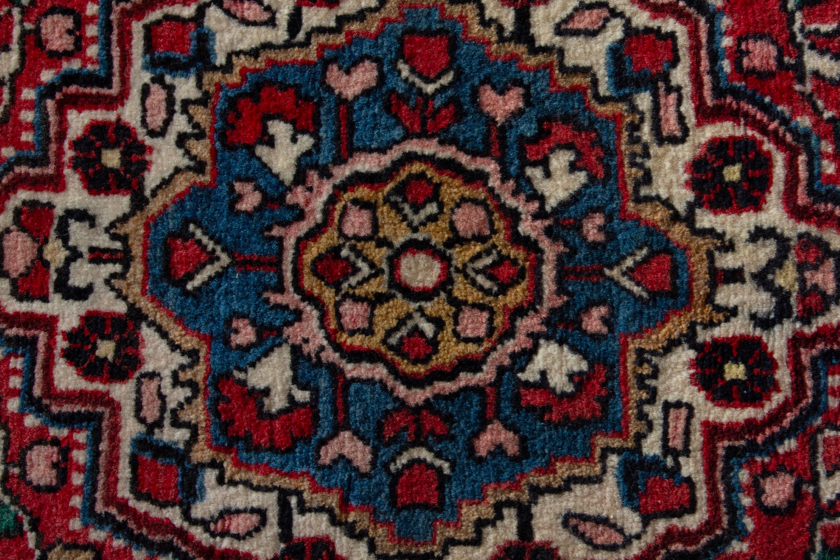 Persian Malayer accent rug in deep red and cream, view 7 of 8