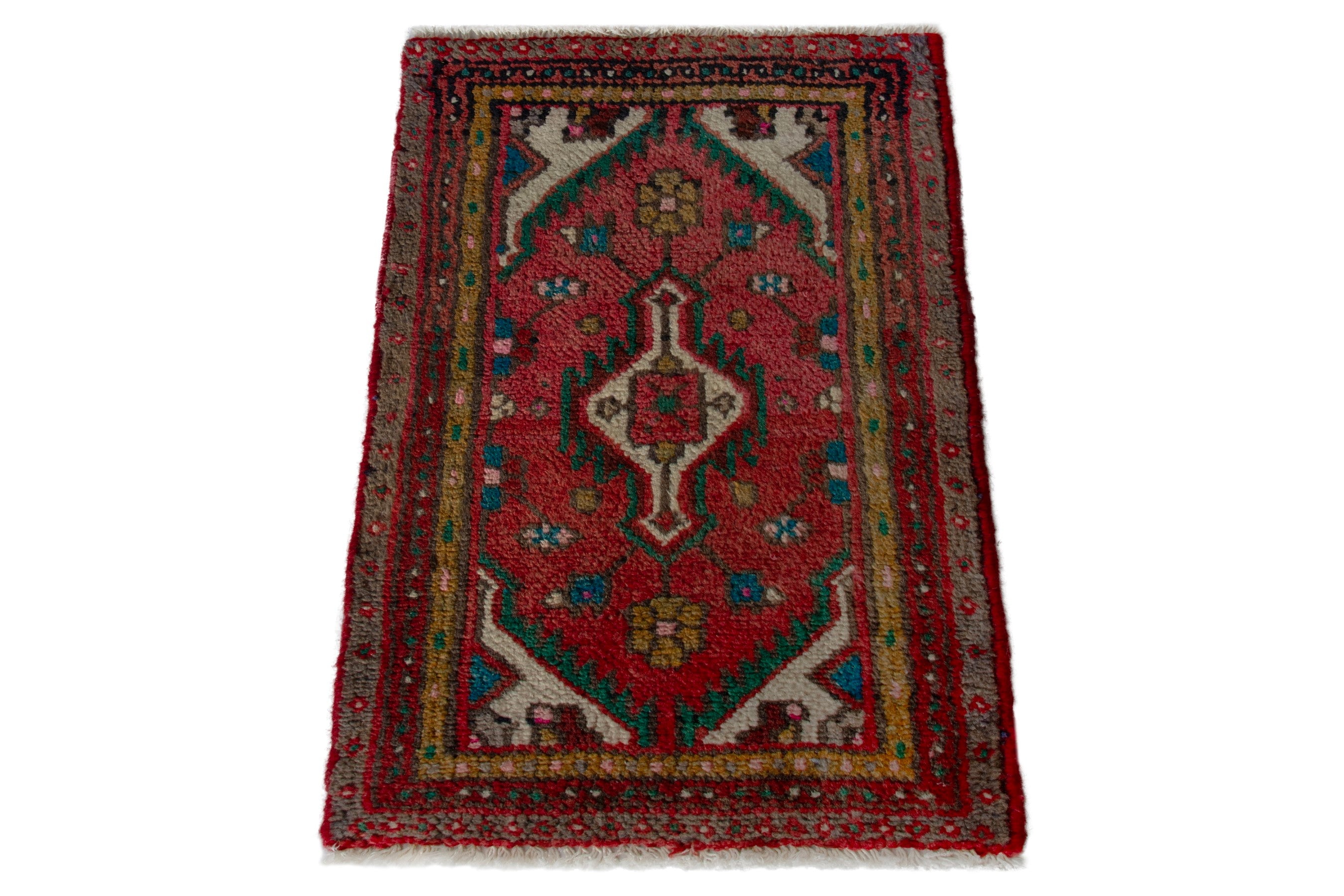 Persian Hamedan accent rug in deep red and cream, view 2 of 8