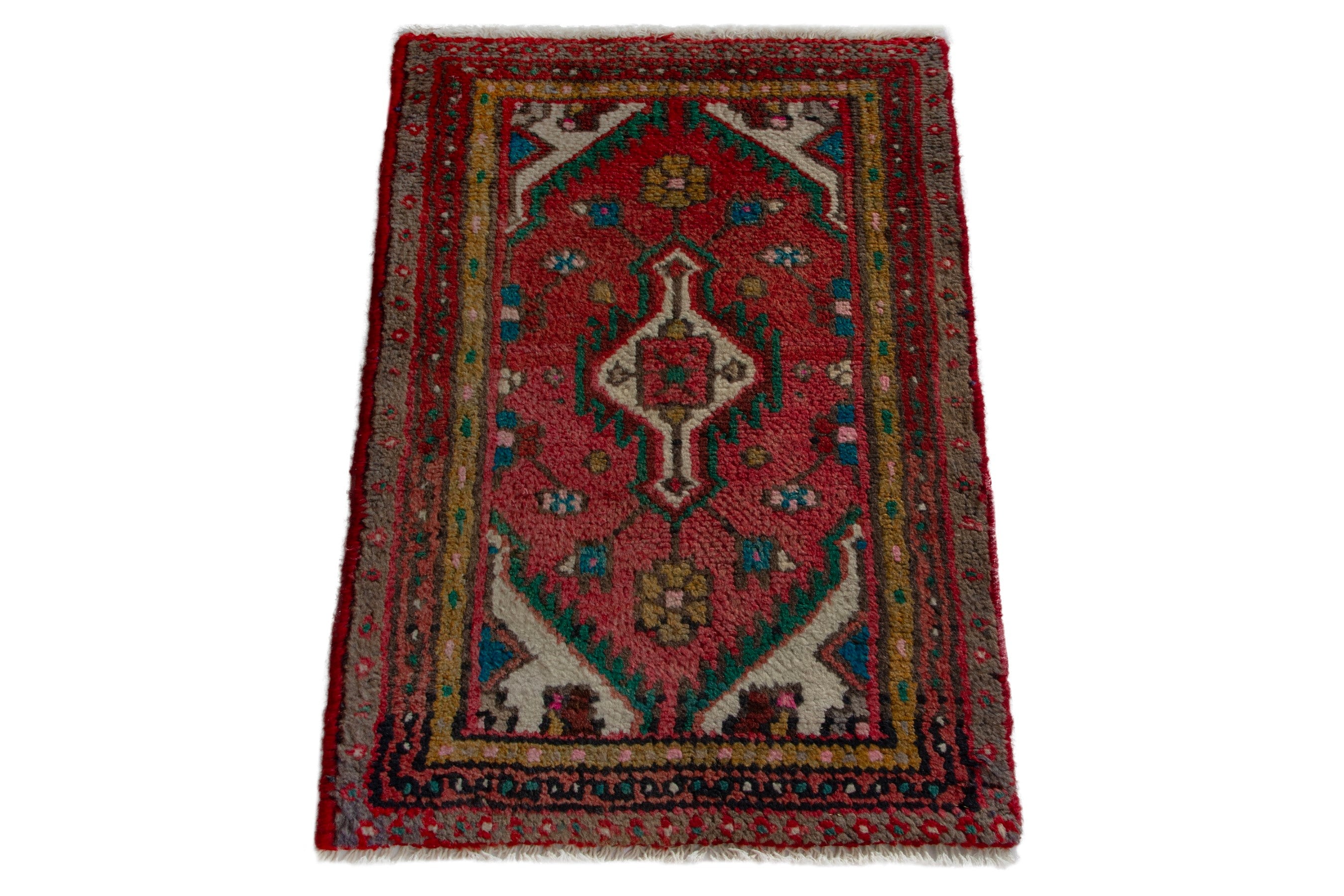 Persian Hamedan accent rug in deep red and cream, view 3 of 8