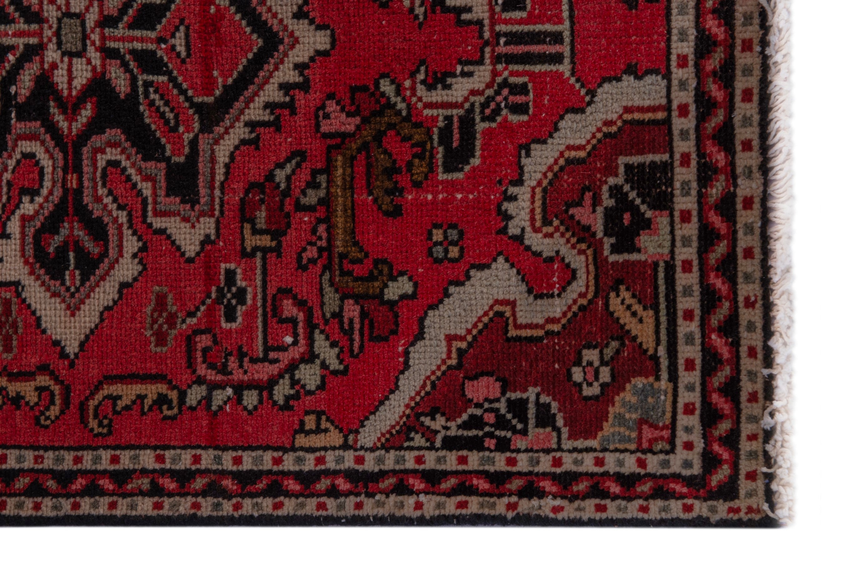 Persian Hamedan accent rug in deep red and burgundy, view 4 of 7