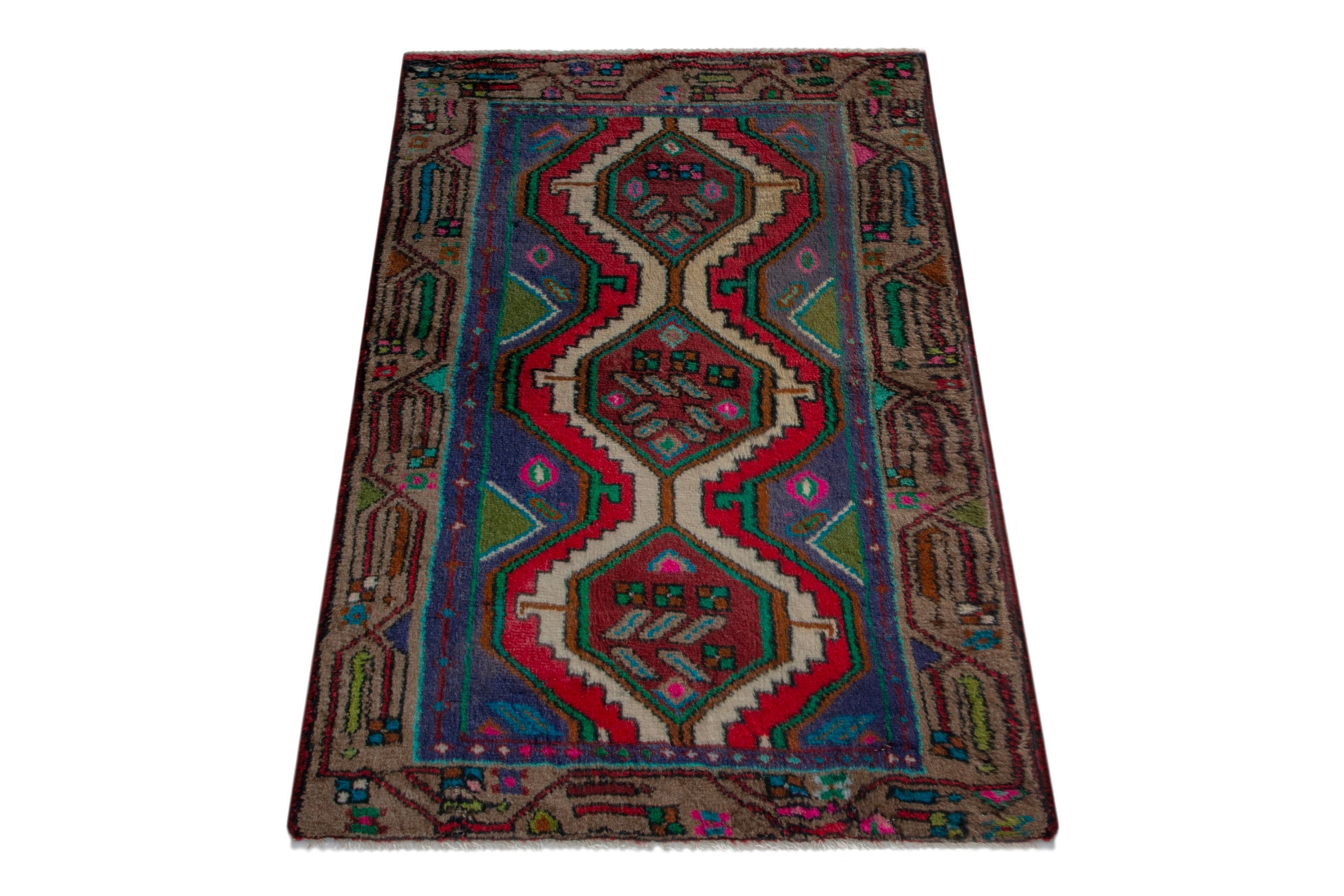 Persian Songhor accent rug in dark blue and deep red, view 2 of 8
