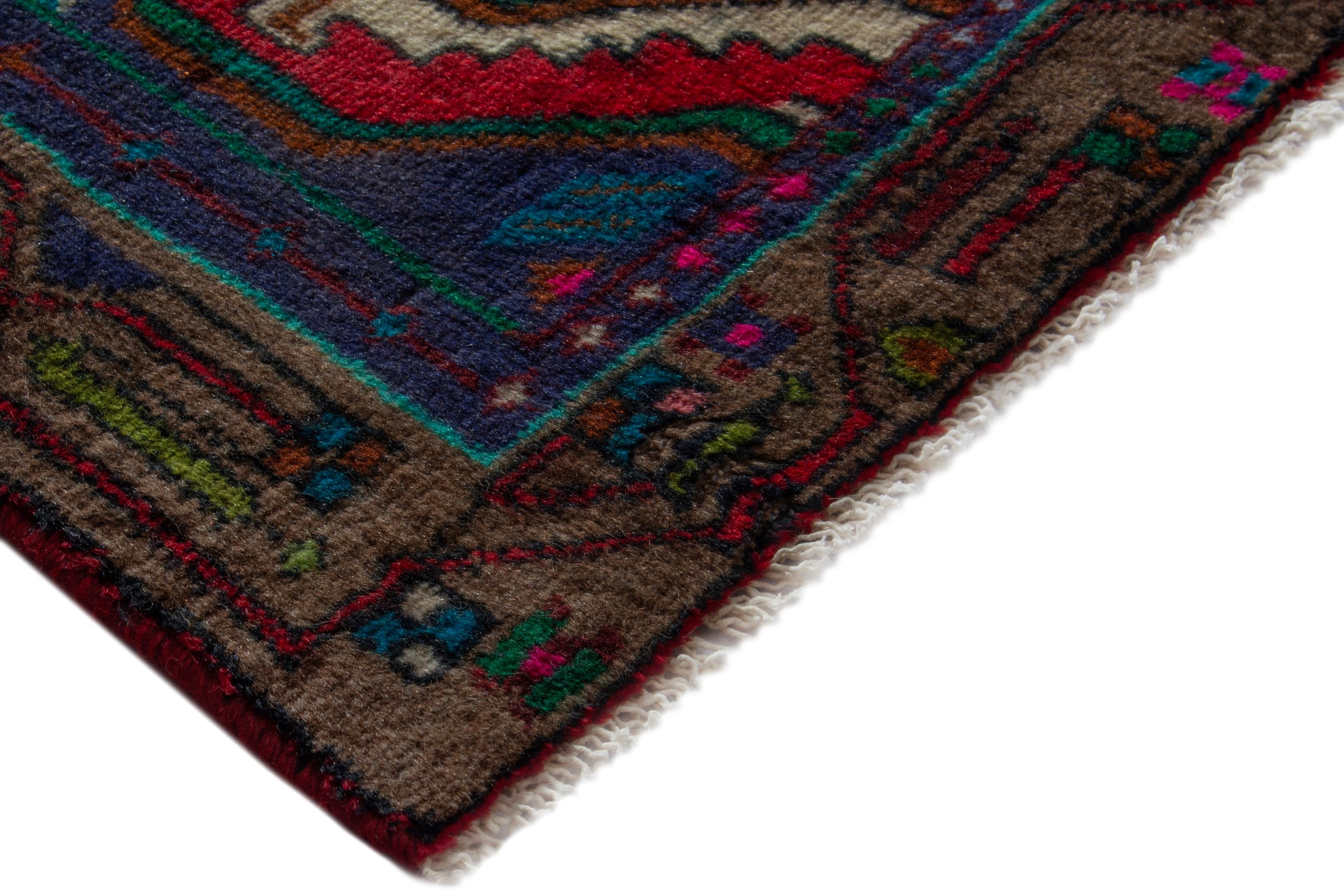 Persian Songhor accent rug in dark blue and deep red, view 5 of 8