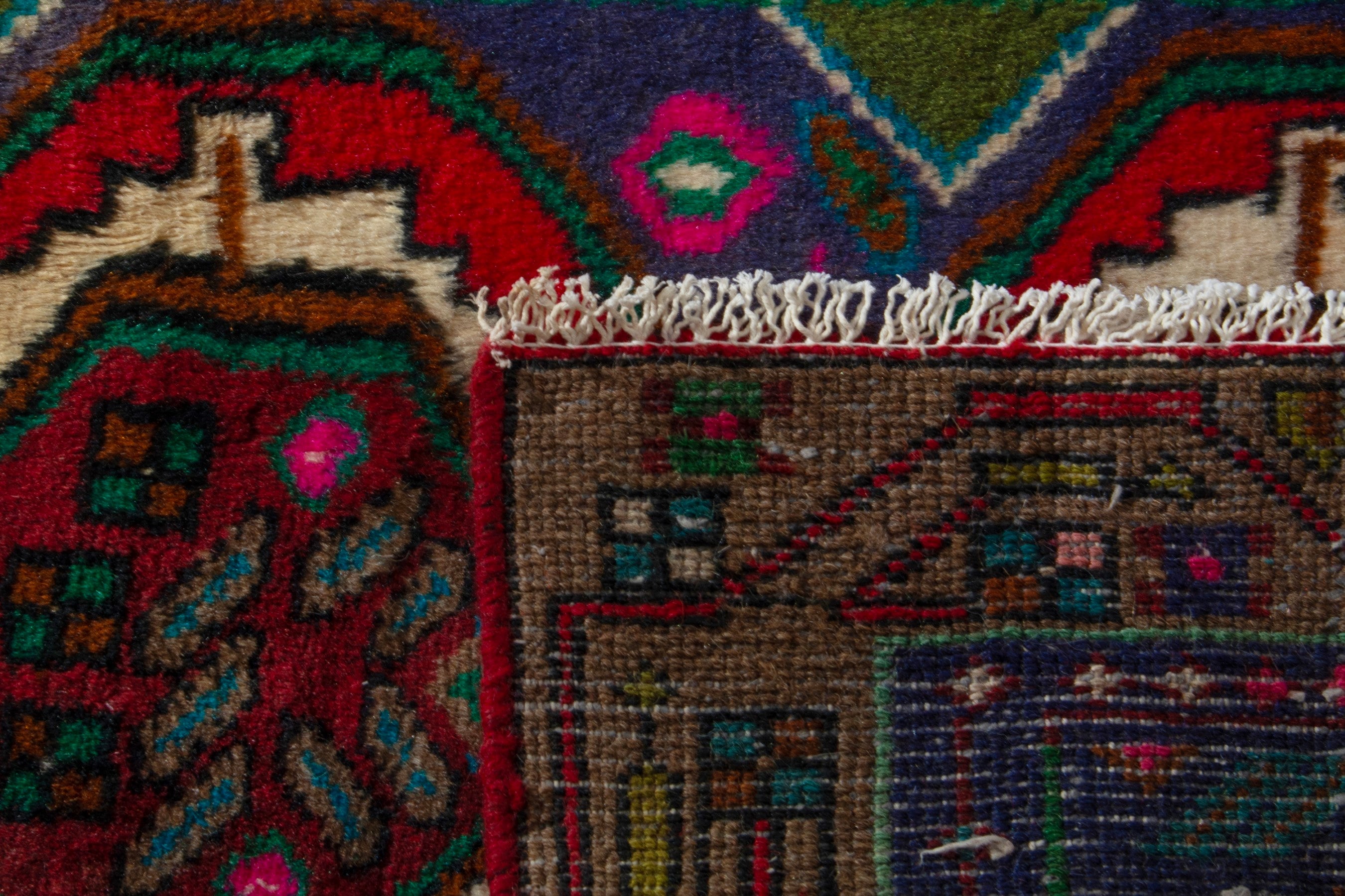 Persian Songhor accent rug in dark blue and deep red, view 8 of 8