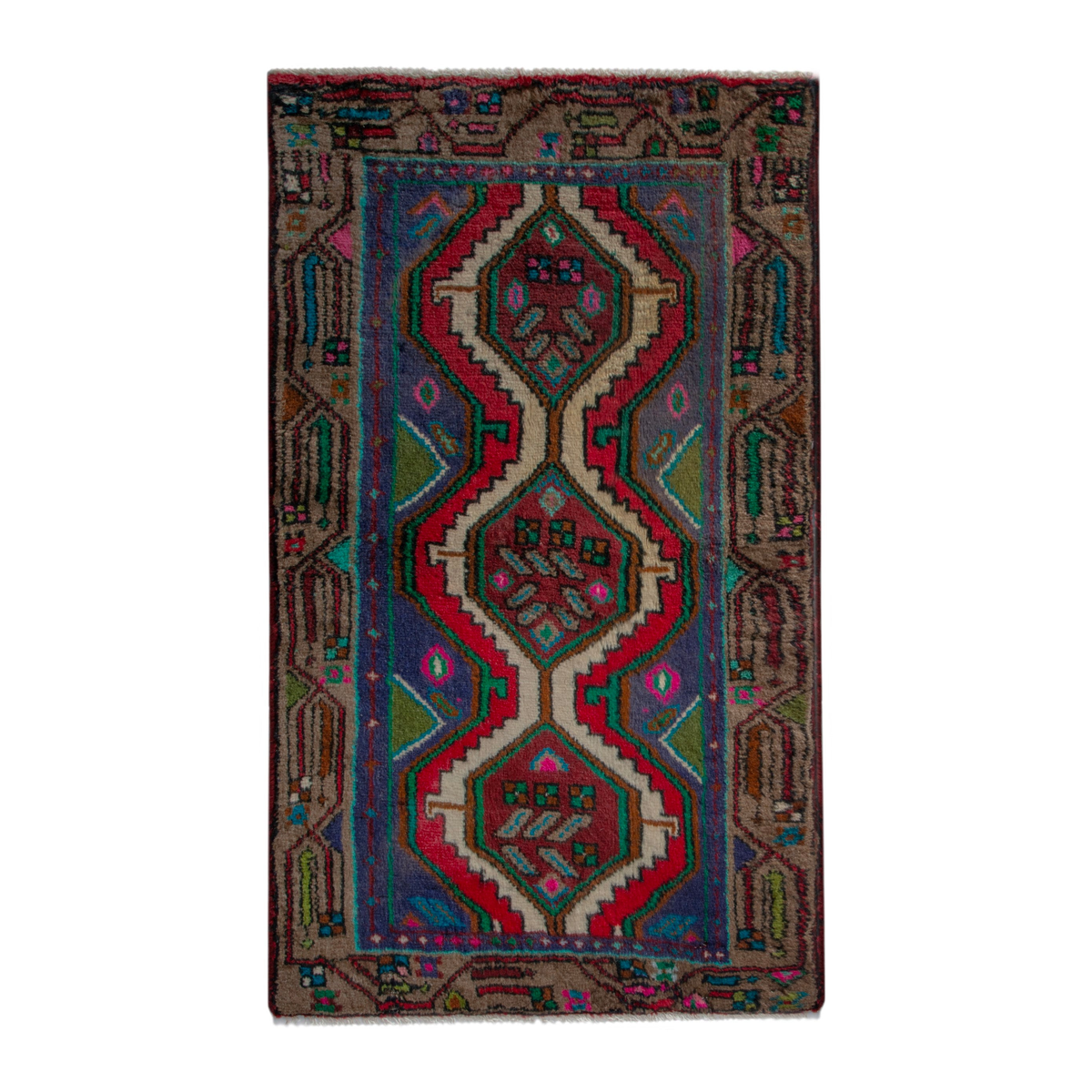 Persian Songhor accent rug in dark blue and deep red, 2' x 3'6"